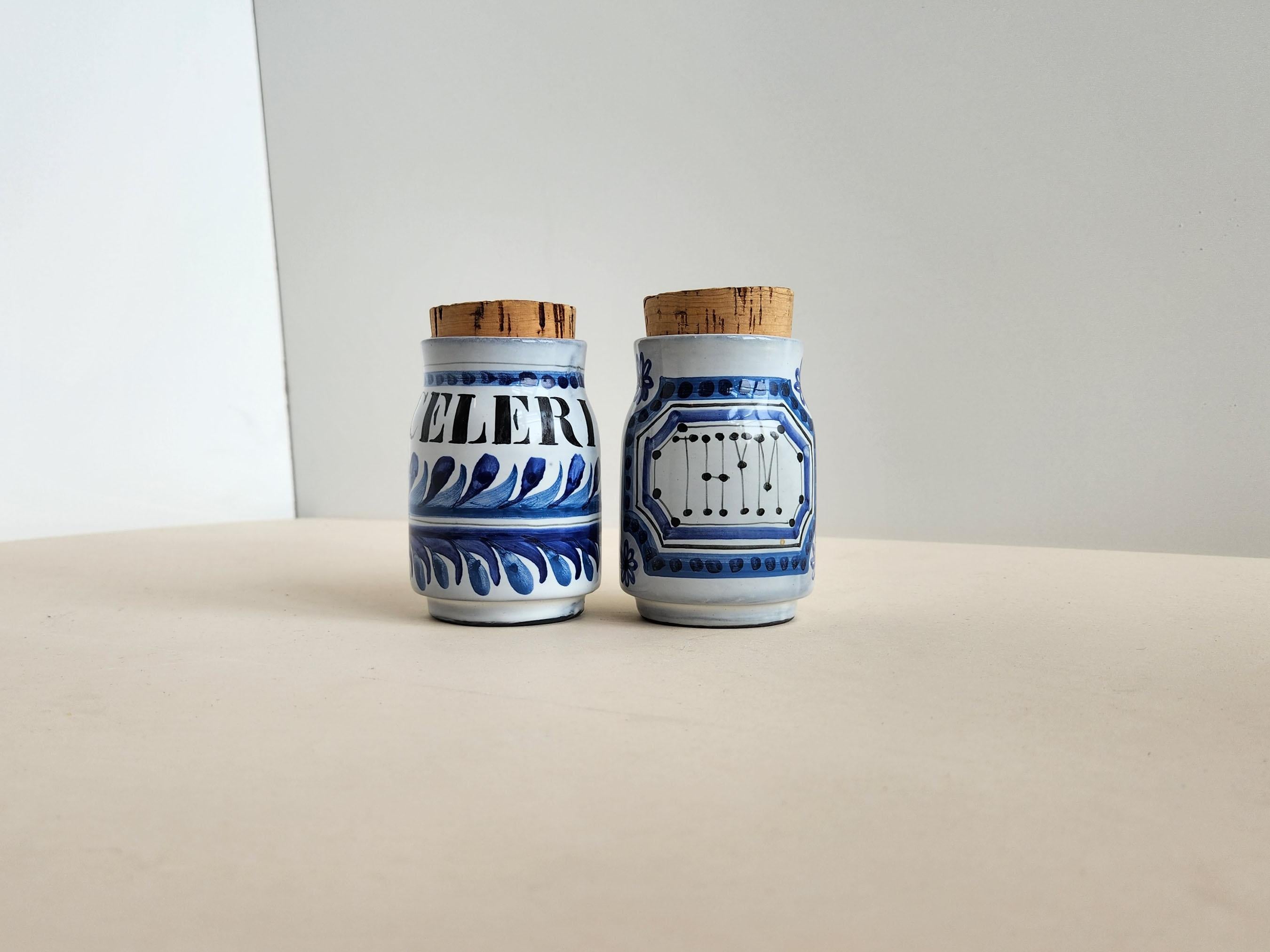 Vintage Ceramic Jars with Cork Lids for Celery and Thyme by Roger Capron - Vallauris, France

Roger Capron was in influential French ceramicist, known for his tiled tables and his use of recurring motifs such as stylized branches and geometrical