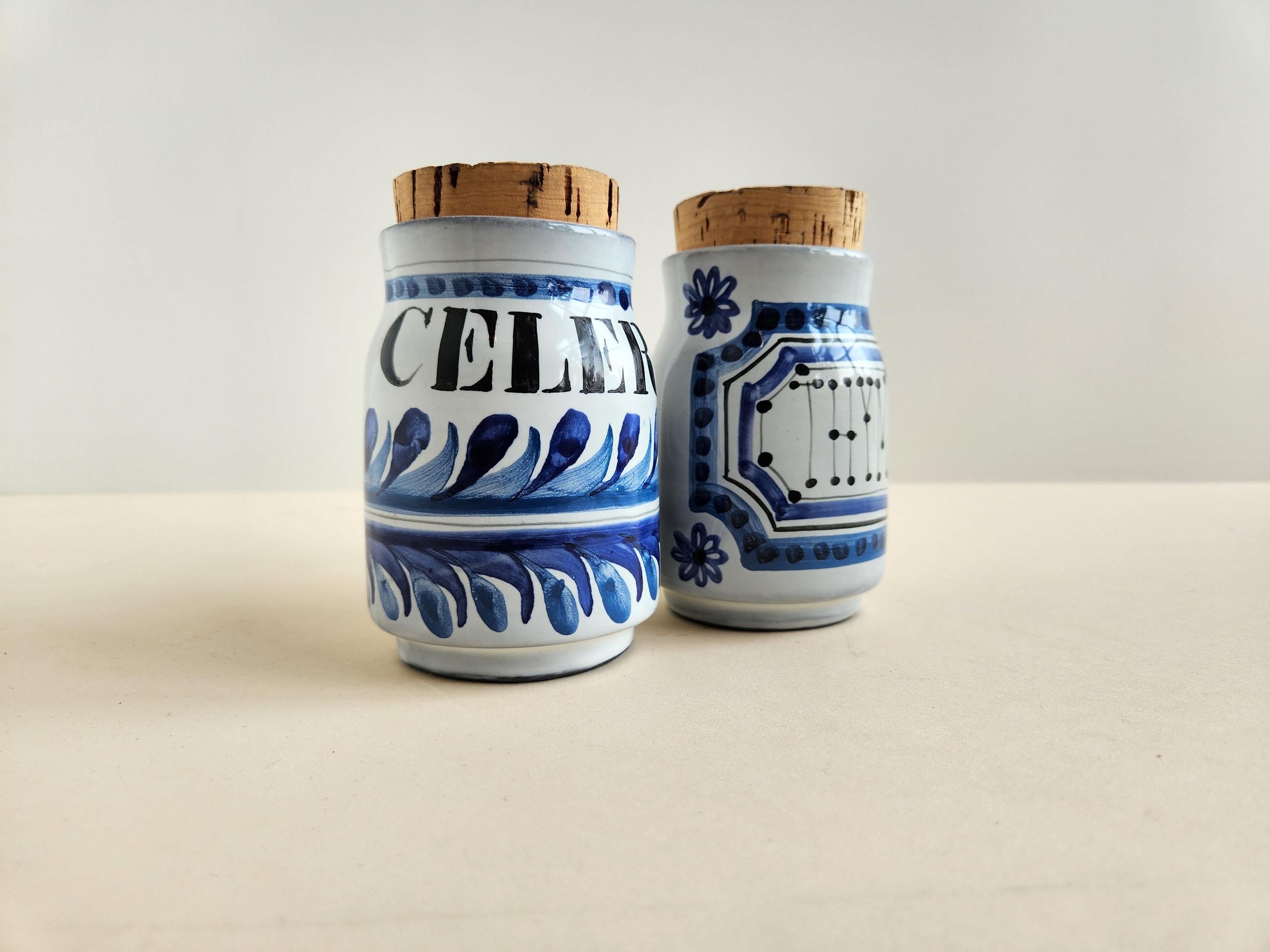 Mid-Century Modern Roger Capron - Vintage Ceramic Jars with Cork Lids for Celery and Thyme For Sale