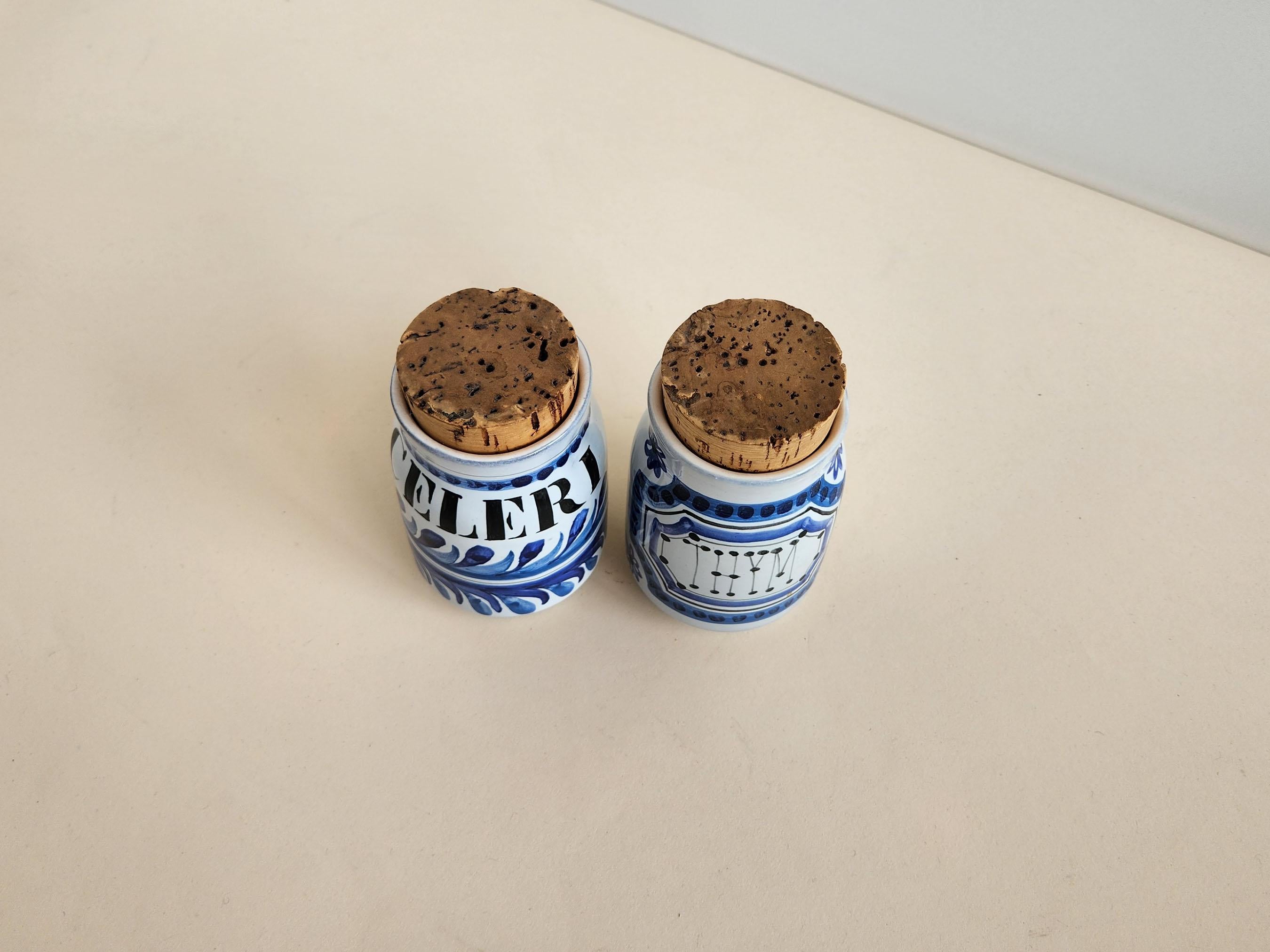 French Roger Capron - Vintage Ceramic Jars with Cork Lids for Celery and Thyme For Sale