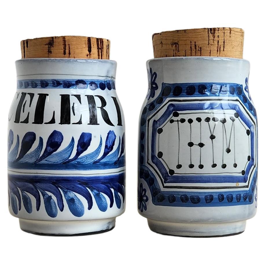 Roger Capron - Vintage Ceramic Jars with Cork Lids for Celery and Thyme For Sale