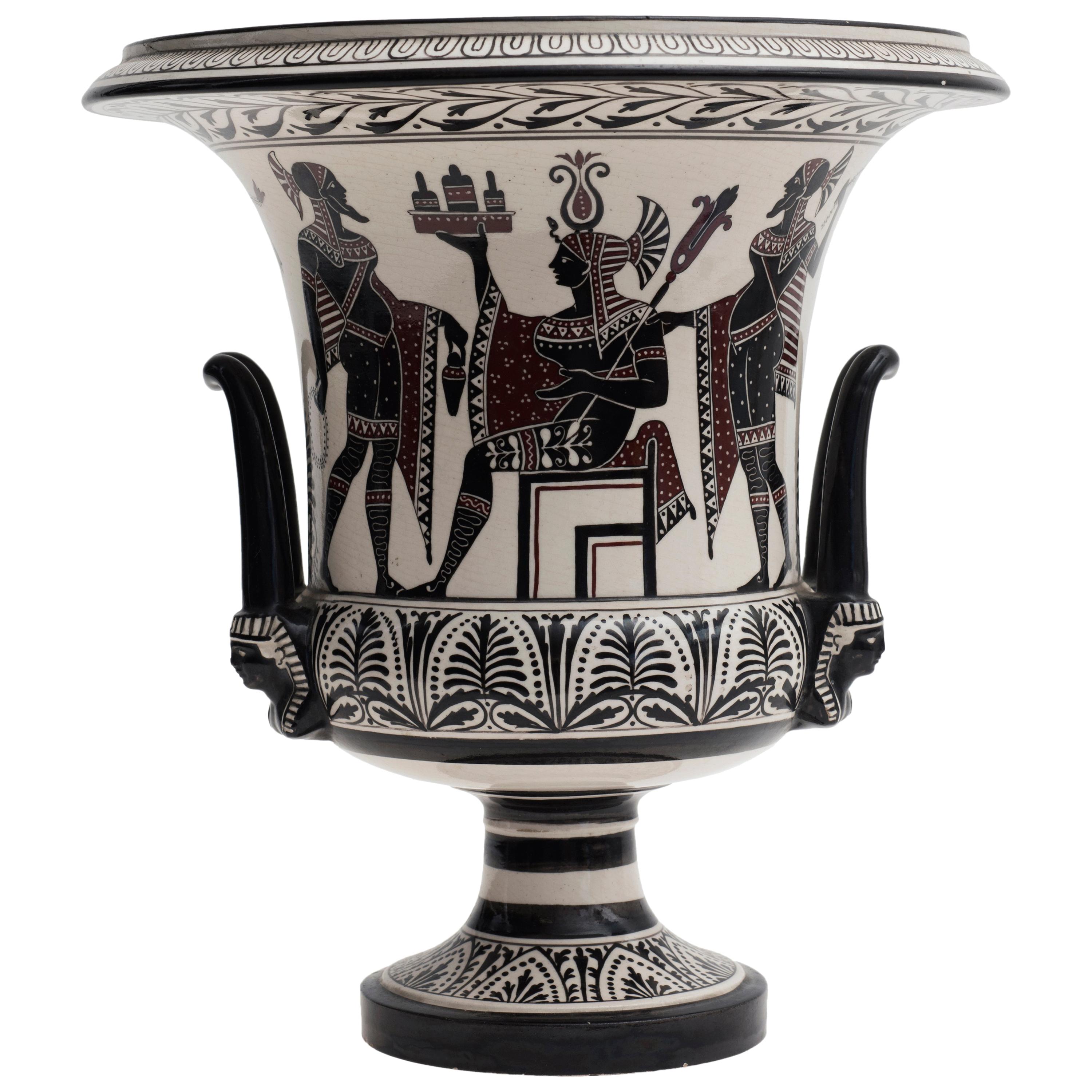Krater Vintage de Cerámica Pintado con Escenas Pompeyanas, Siglo XX