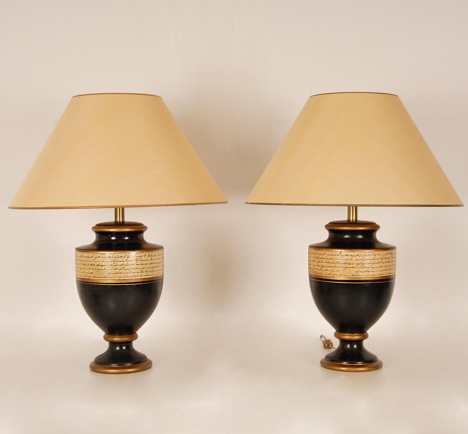 Vintage Ceramic Lamps French Gold Beige and Black Vase Lamps a Pair For Sale 7