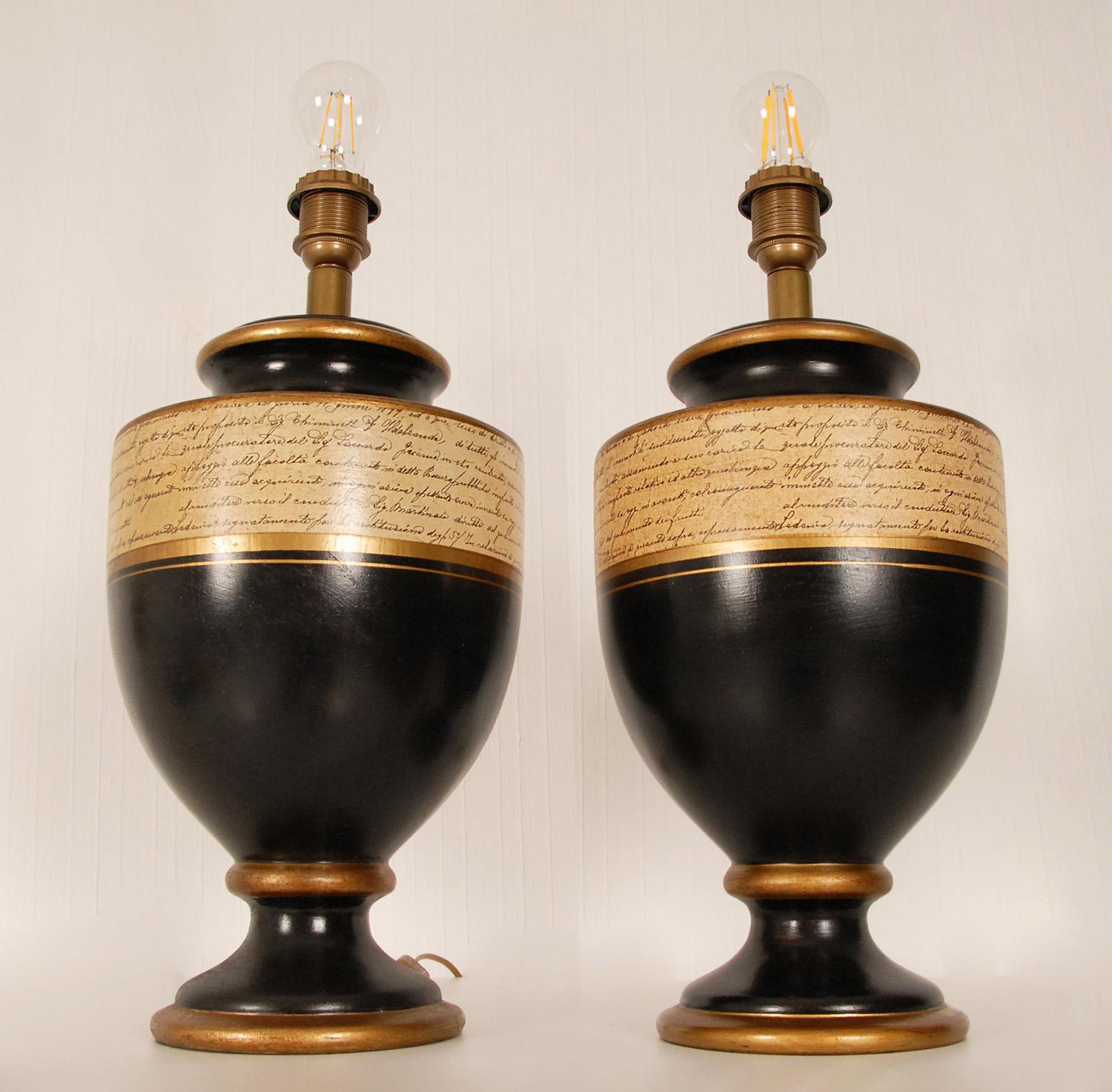 Céramique Paire de lampes à vase en céramique vintage dorées et noires, France en vente