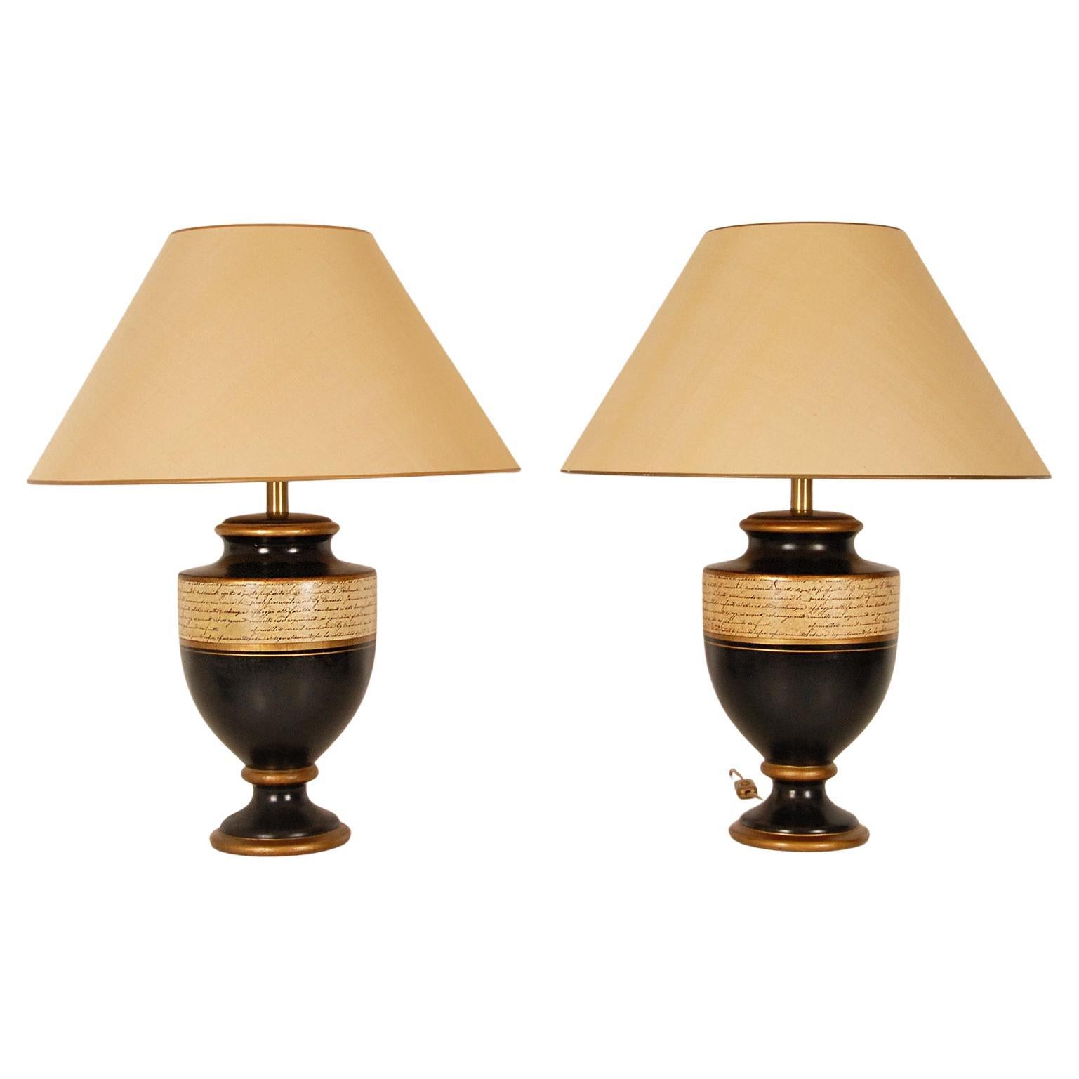 Vintage Ceramic Lamps French Gold Beige and Black Vase Lamps a Pair For Sale