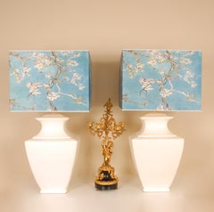 Vintage Ceramic Lamps Tall Modern Square blue White Chinoiserie Table Lamps pair