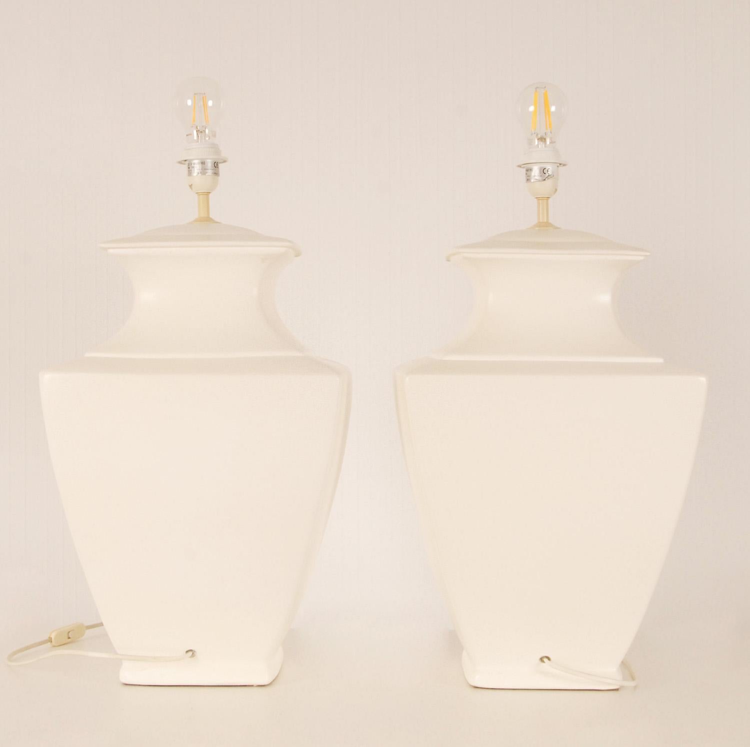 Vintage Ceramic Lamps Tall Modern Square blue White Chinoiserie Table Lamps pair 3