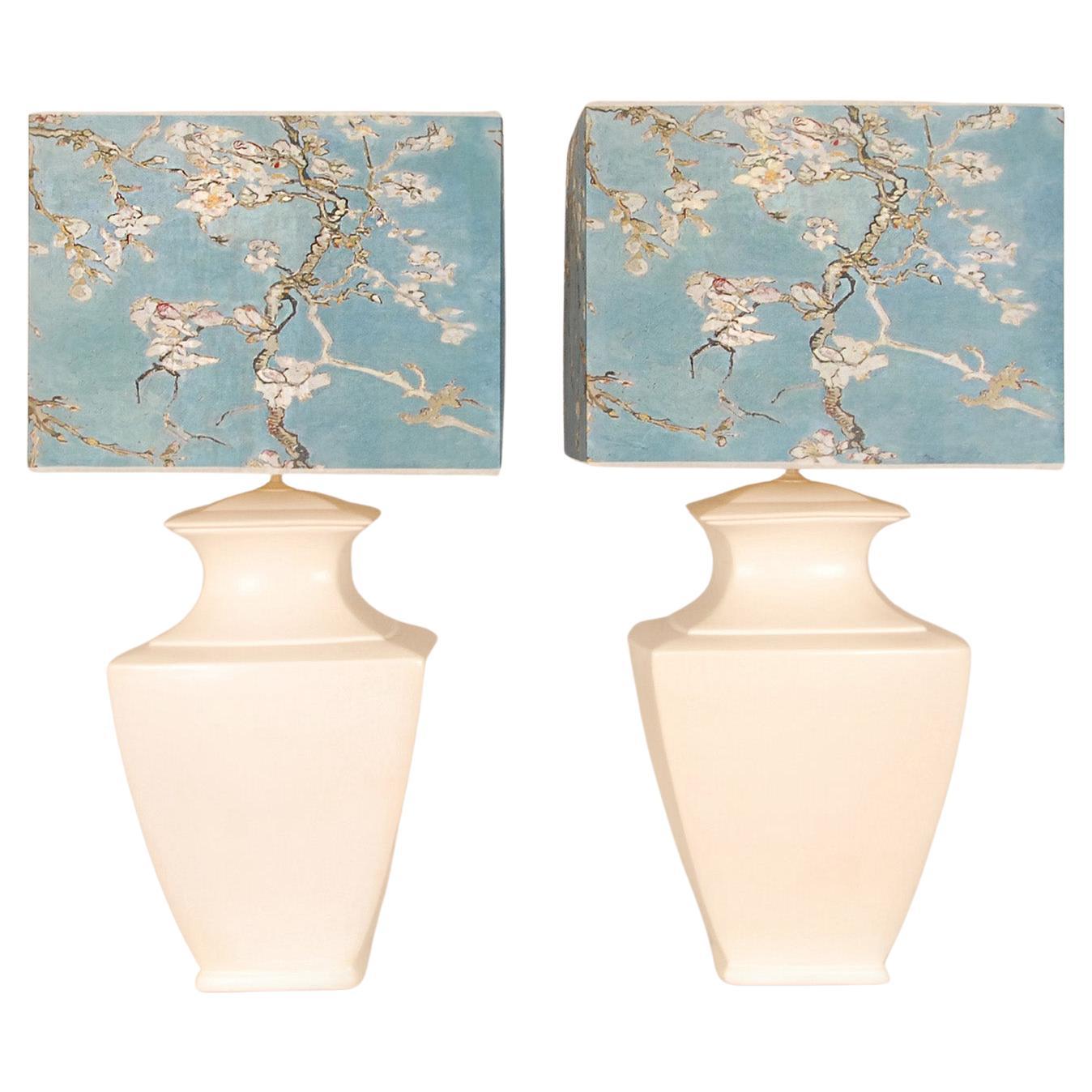 Vintage Ceramic Lamps Tall Modern Square blue White Chinoiserie Table Lamps pair For Sale
