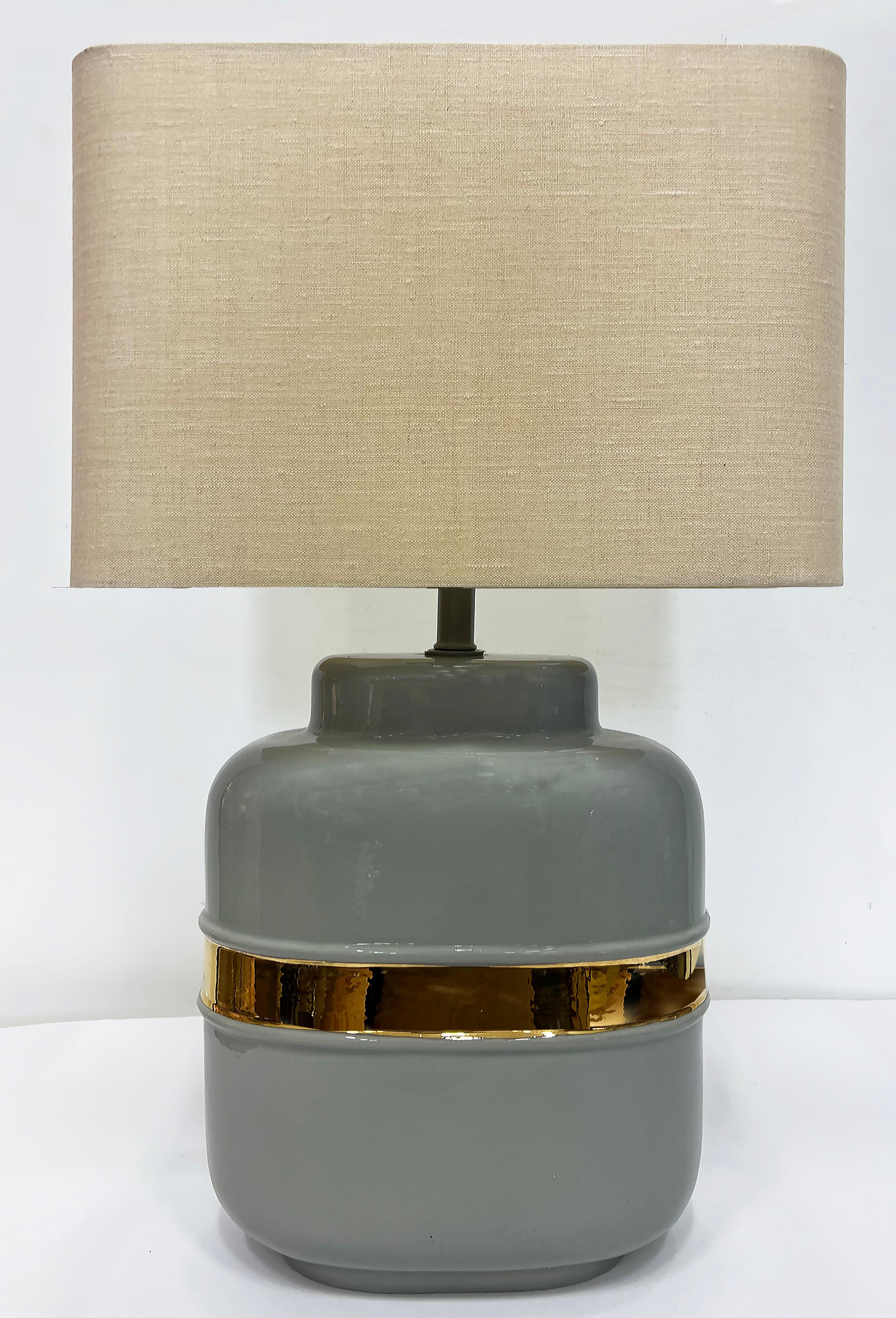Metal Vintage Ceramic Lamps with Glazed Gold Bands in Jaru Style, Pair For Sale