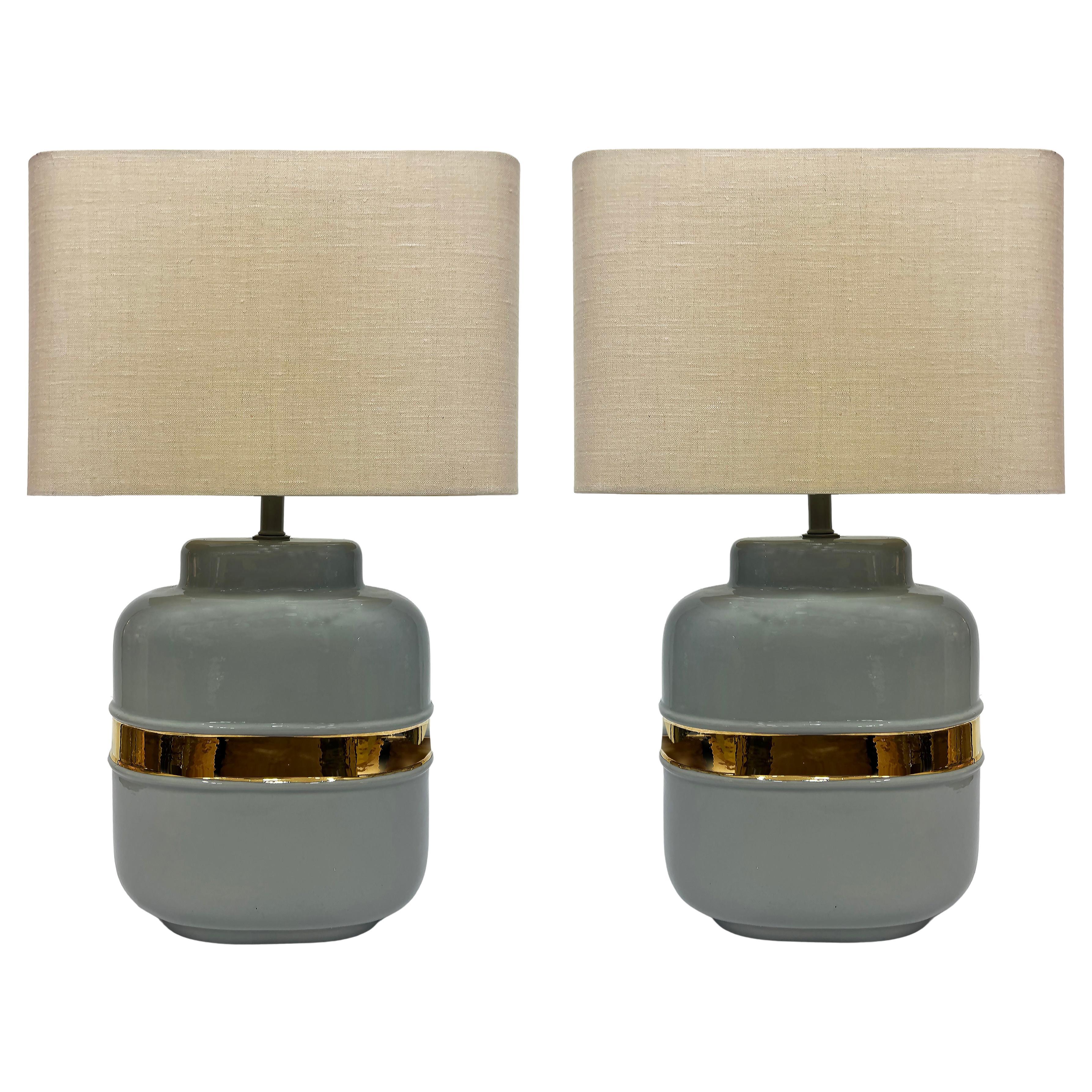 Vintage Ceramic Lamps with Glazed Gold Bands in Jaru Style, Pair For Sale