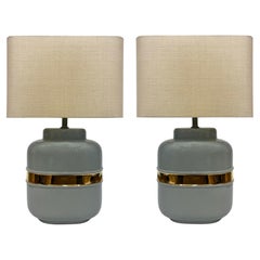 Vintage Ceramic Lamps with Glazed Gold Bands in Jaru Style, Pair