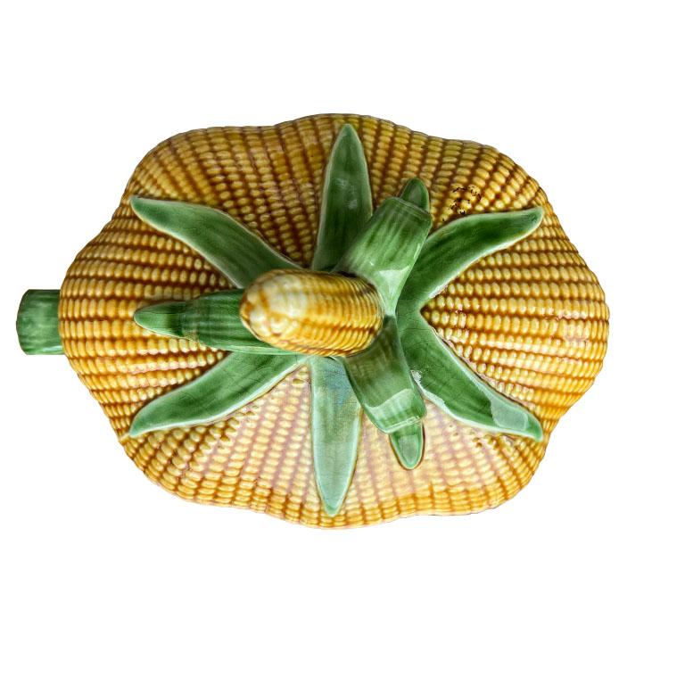 Hollywood Regency Soupière vintage à motif Husk en céramique jaune et verte, Portugal