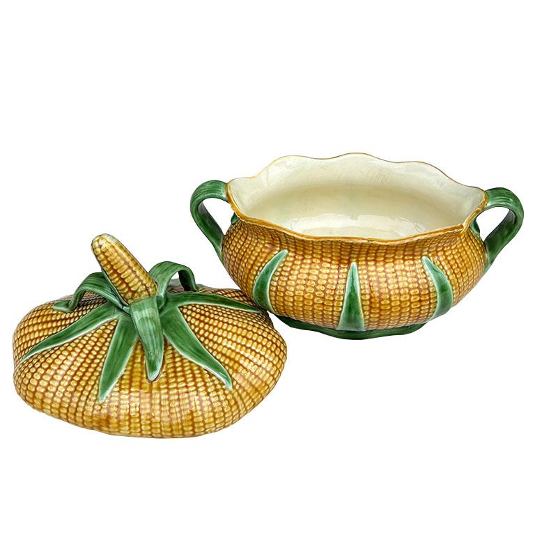 Portugais Soupière vintage à motif Husk en céramique jaune et verte, Portugal