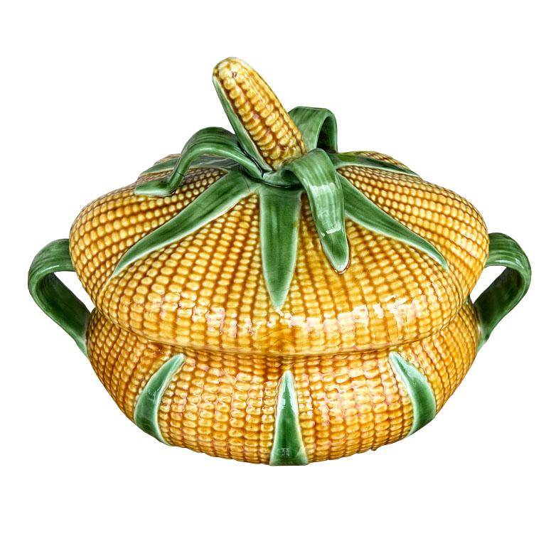 Céramique Soupière vintage à motif Husk en céramique jaune et verte, Portugal