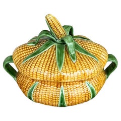 Vintage Ceramic Majolica Corn Husk Motif Tureen in Yellow and Green - Portugal