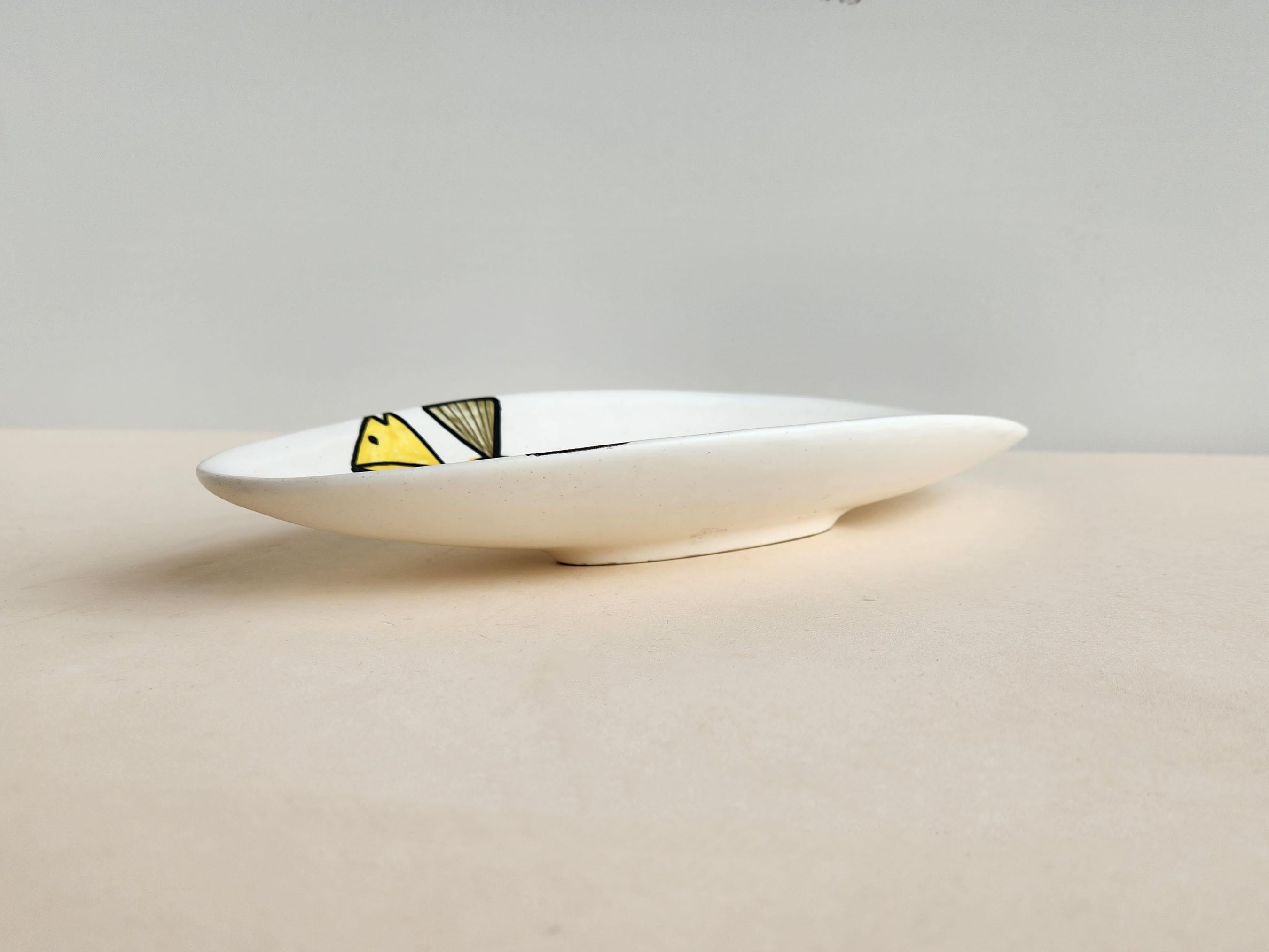 Mid-Century Modern Roger Capron - Vintage Ceramic Mini Canoe Vide Pochewith Fish Motive For Sale