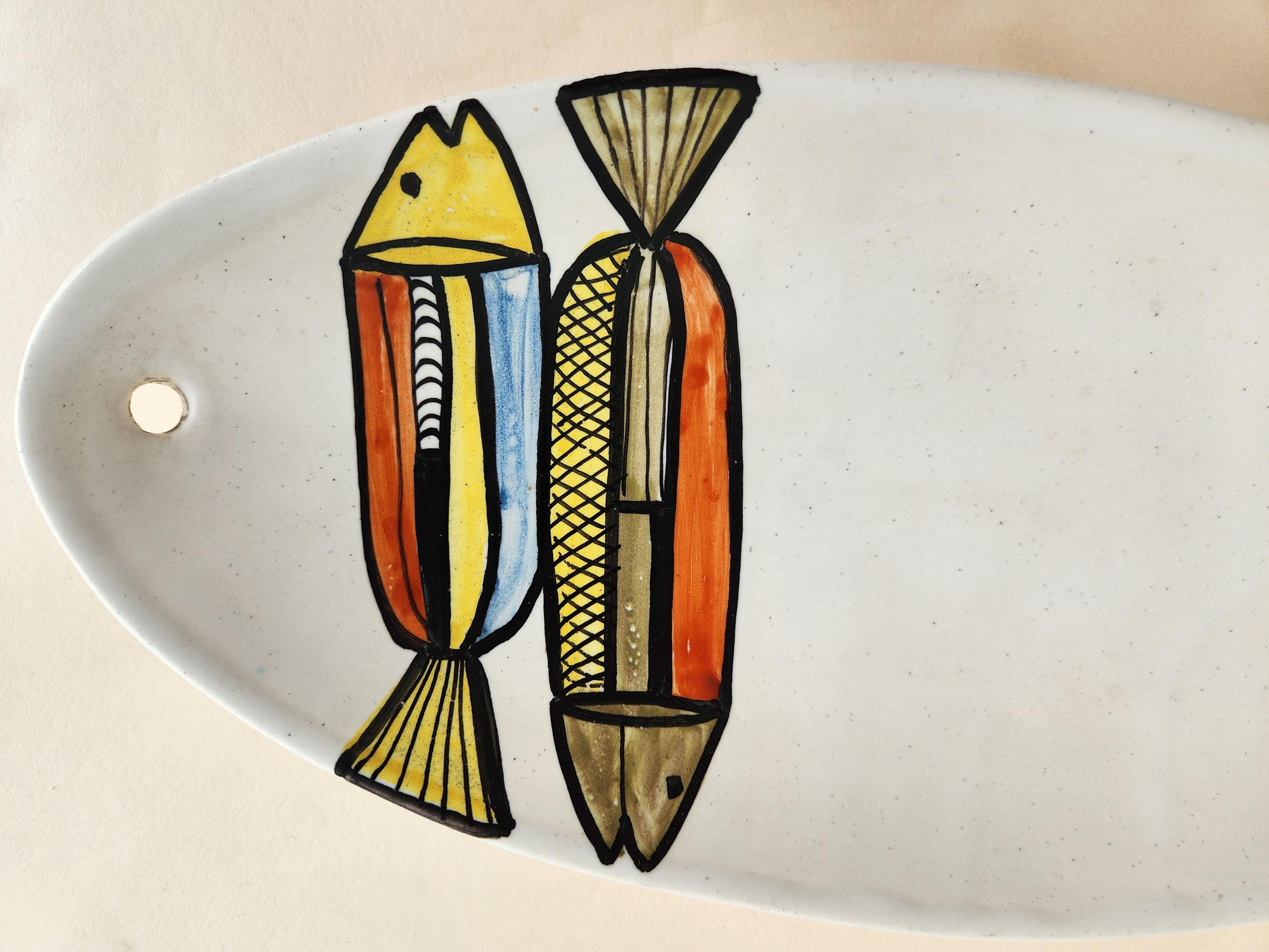 Mid-20th Century Roger Capron - Vintage Ceramic Mini Canoe Vide Pochewith Fish Motive For Sale