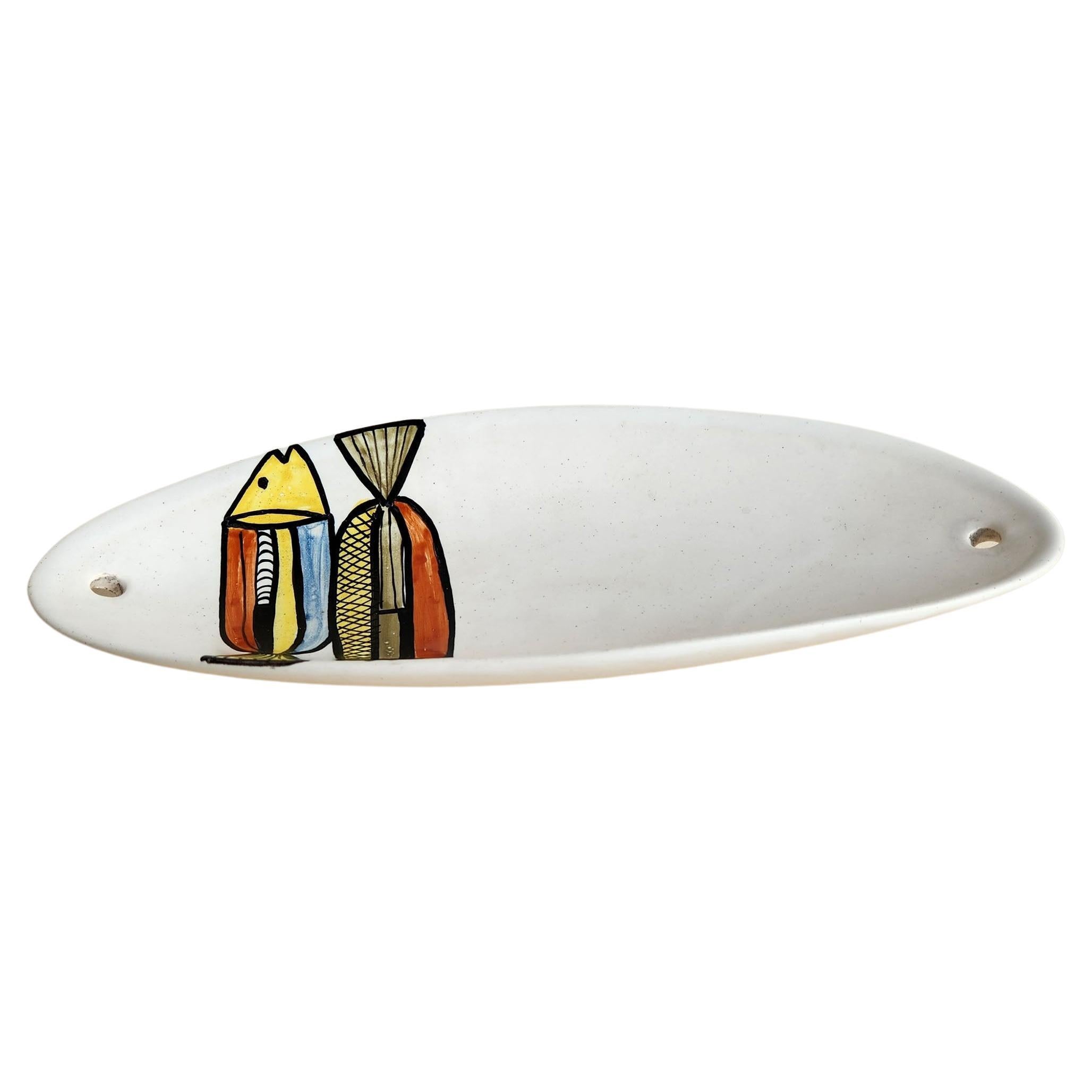 Roger Capron - Vintage Ceramic Mini Canoe Vide Pochewith Fish Motive For Sale