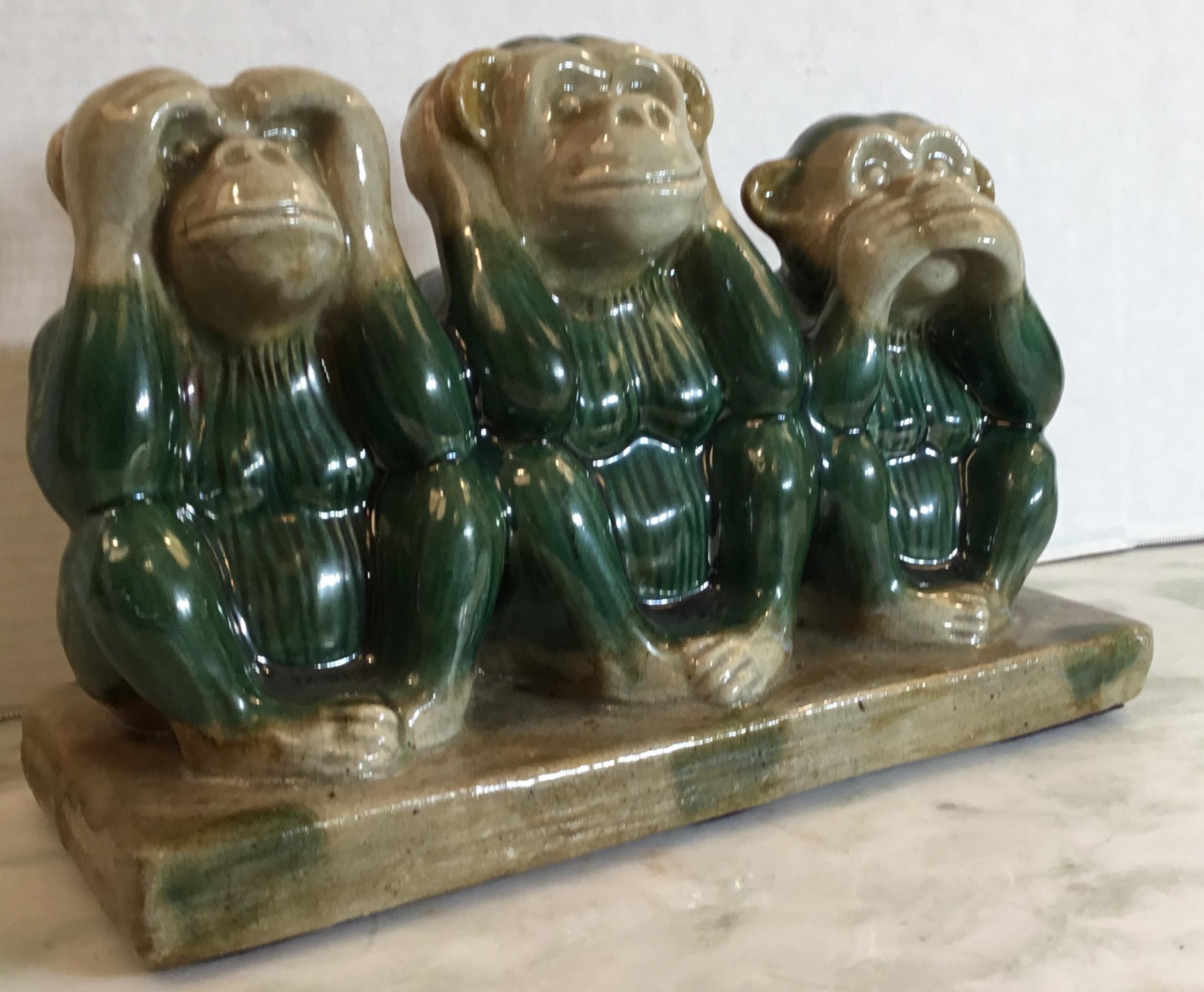 Funky heavy ceramic statue of the three monkey ‘See NoEvil, Hear No Evil, Speak No Evil. Hand painted and glazed, interesting facial expression, beautiful object of art for display.
Signed in the bottom by the artist.