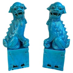 Used Ceramic Pair of Guardian Chinese Dragon, Foo Dog Lion, 1970s