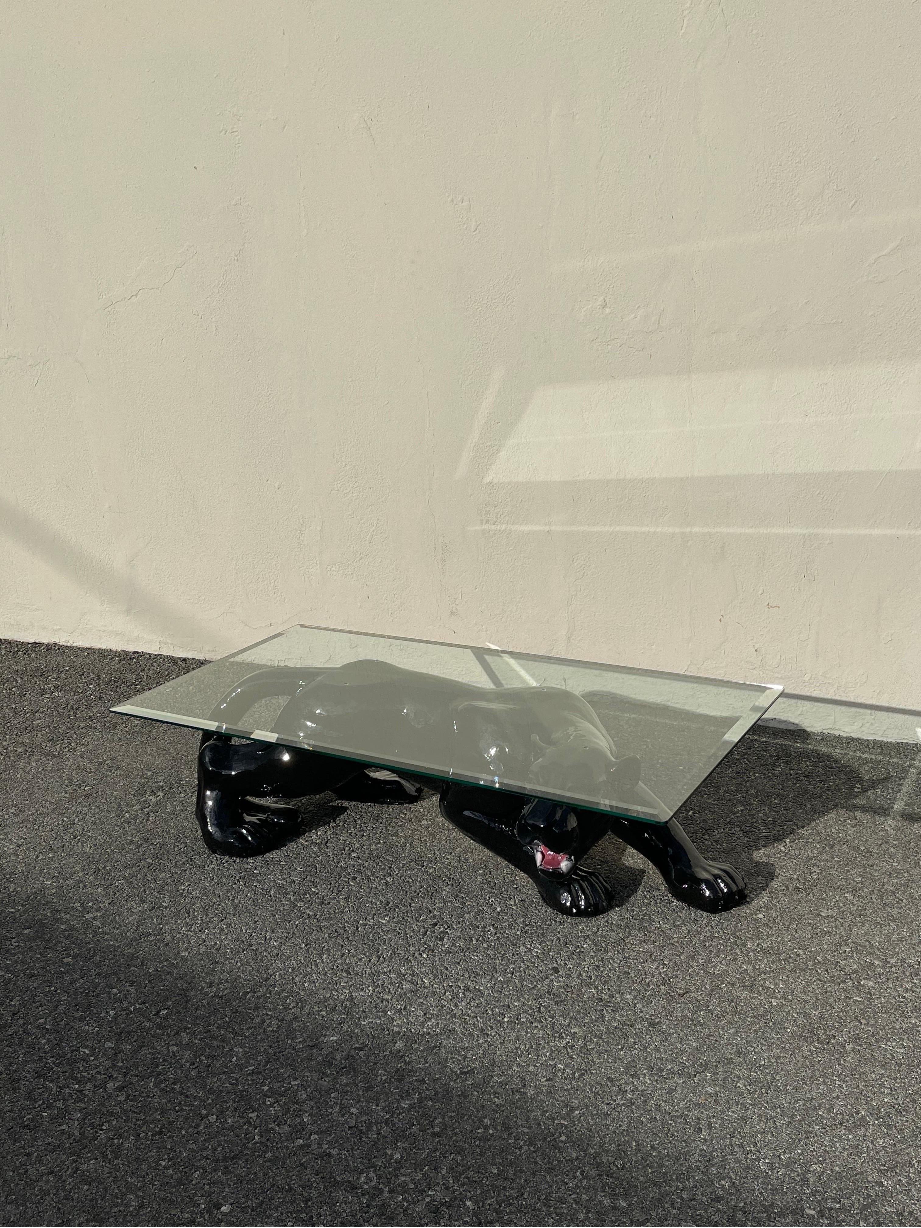 Vintage ceramic and glass panther coffee table. Origin: Circa 1980’s. In excellent condition with some minor scratches to glass, consistent with age