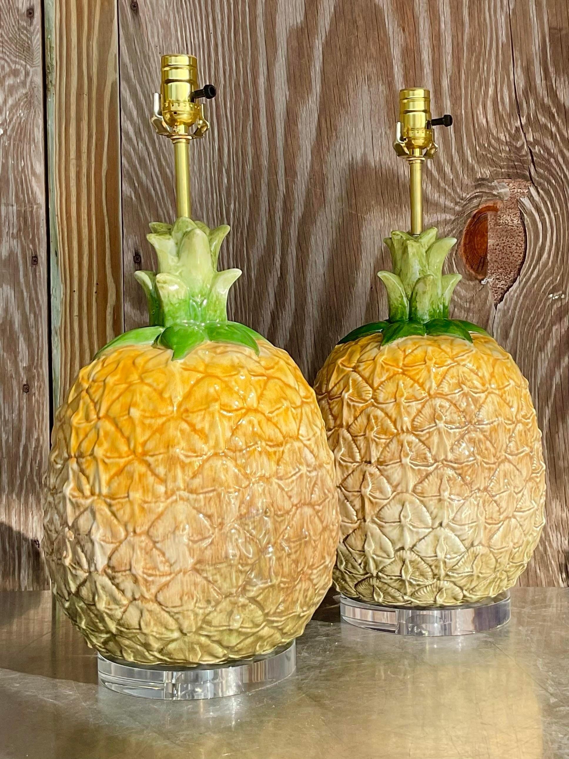 Brass Vintage Ceramic Pineapple Lamp - a Pair For Sale