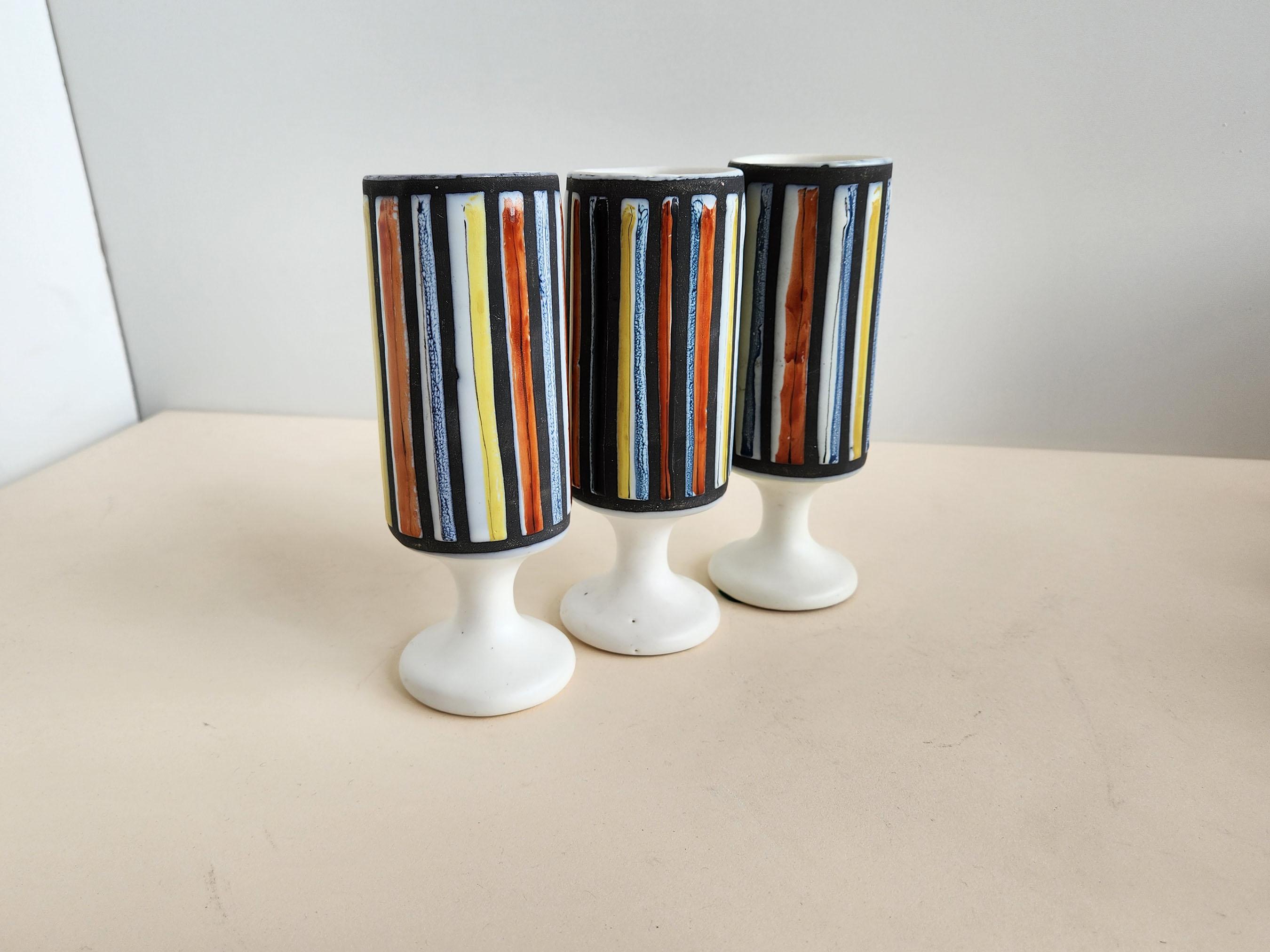 Roger Capron - Vintage Ceramic Pitcher and 3 Goblets with Vertical Stripes For Sale 4