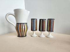 Roger Capron - Vintage Ceramic Pitcher and 3 Goblets with Vertical Stripes