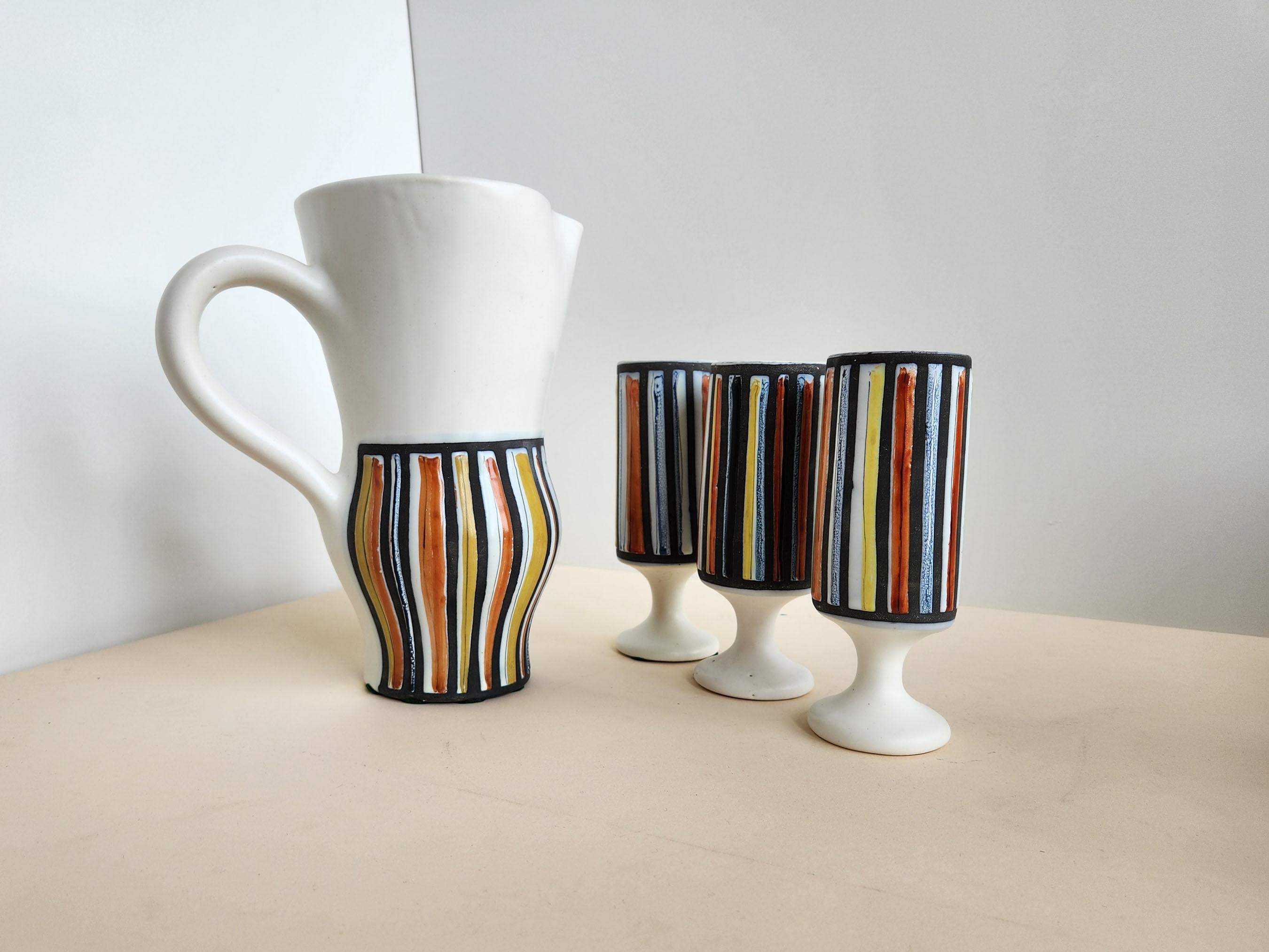 Mid-Century Modern Roger Capron - Vintage Ceramic Pitcher and 3 Goblets with Vertical Stripes For Sale