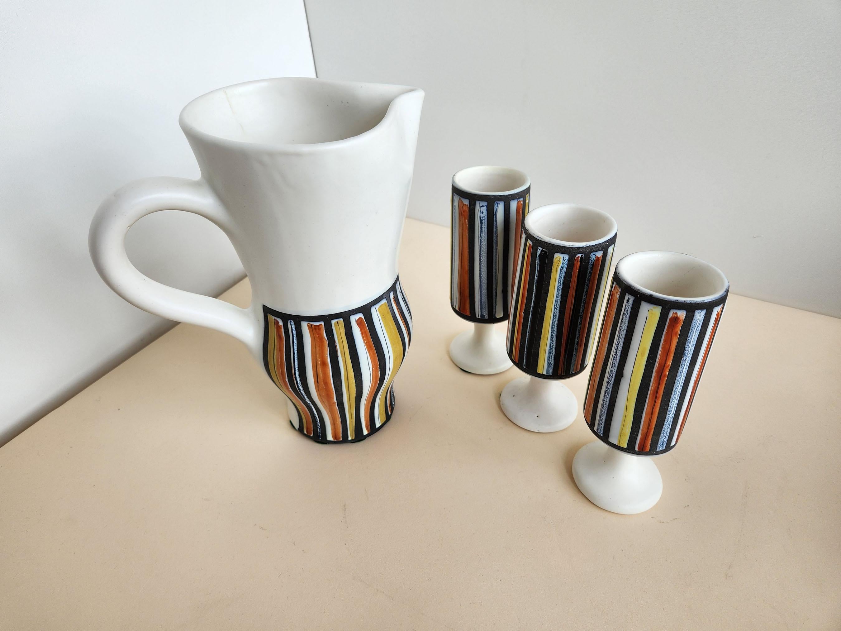 French Roger Capron - Vintage Ceramic Pitcher and 3 Goblets with Vertical Stripes For Sale