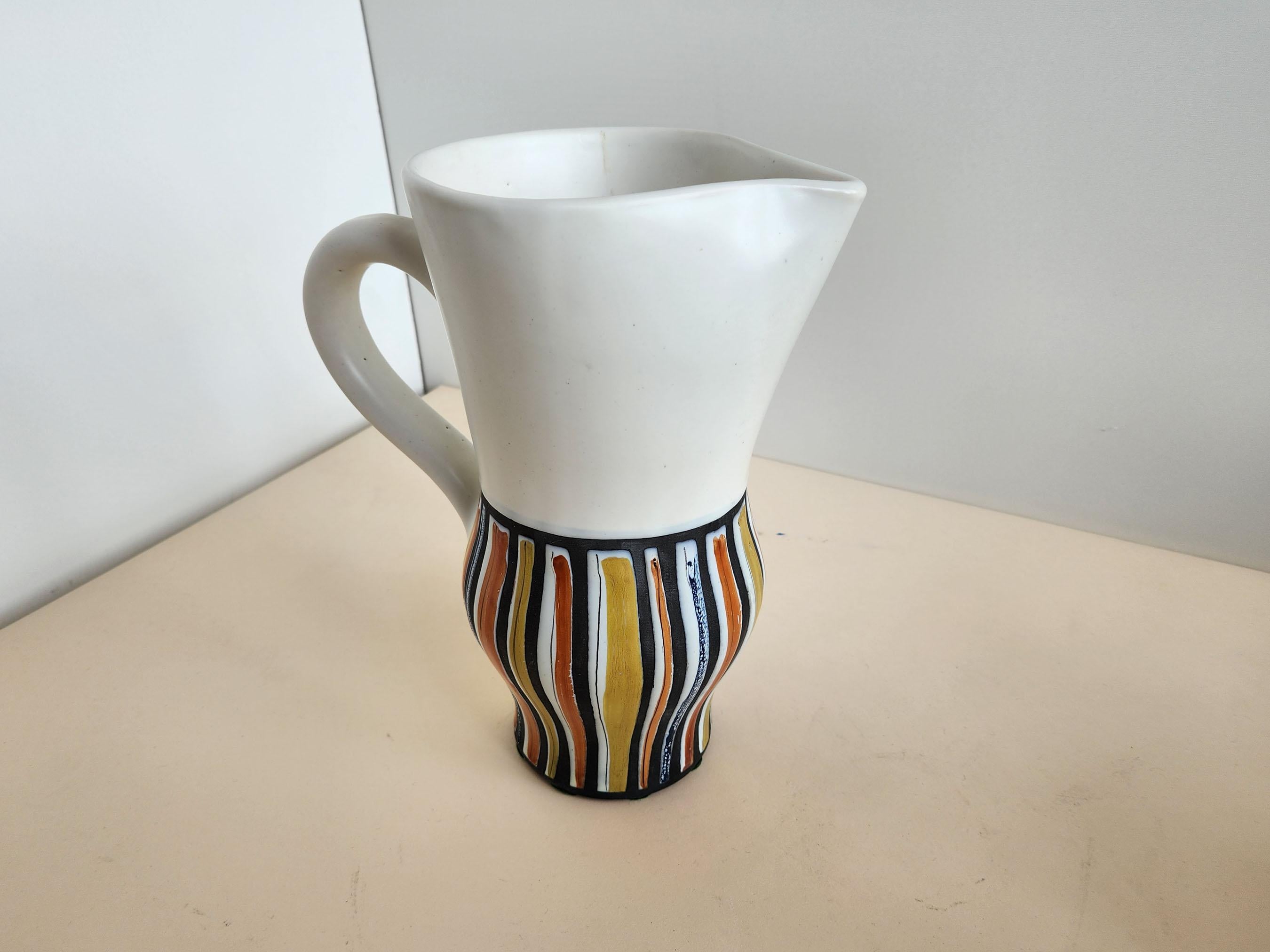 Roger Capron - Vintage Ceramic Pitcher and 3 Goblets with Vertical Stripes For Sale 1