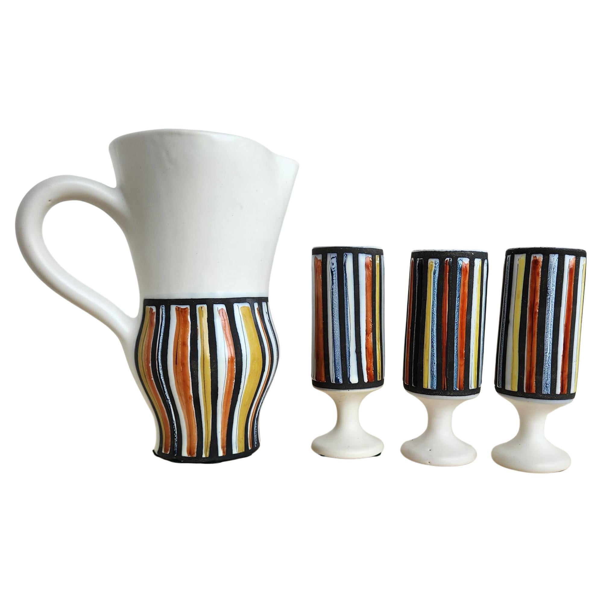 Roger Capron - Vintage Ceramic Pitcher and 3 Goblets with Vertical Stripes For Sale