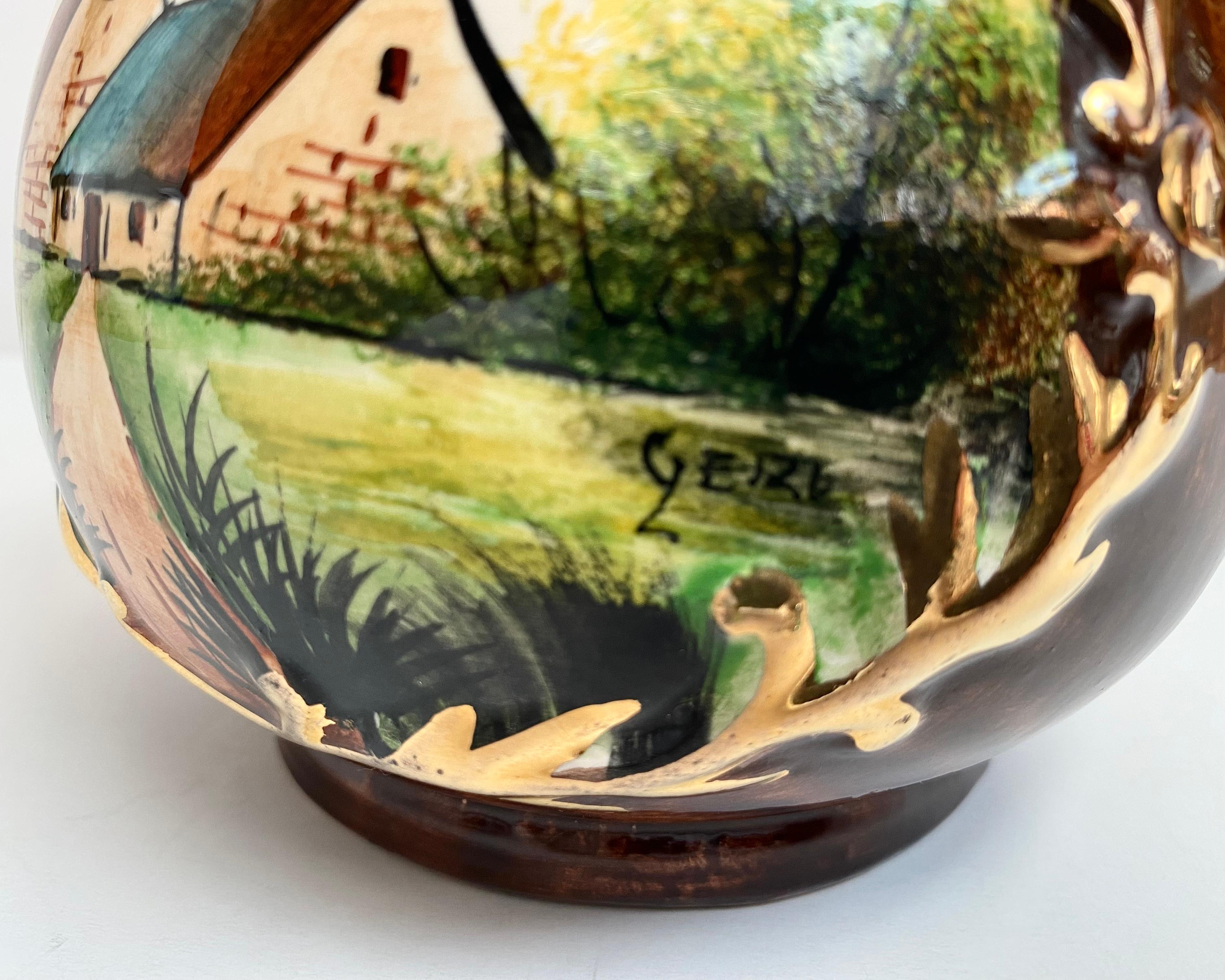 Jarra de cerámica vintage Decoración de paisaje, Bélgica, años 50 en venta 1