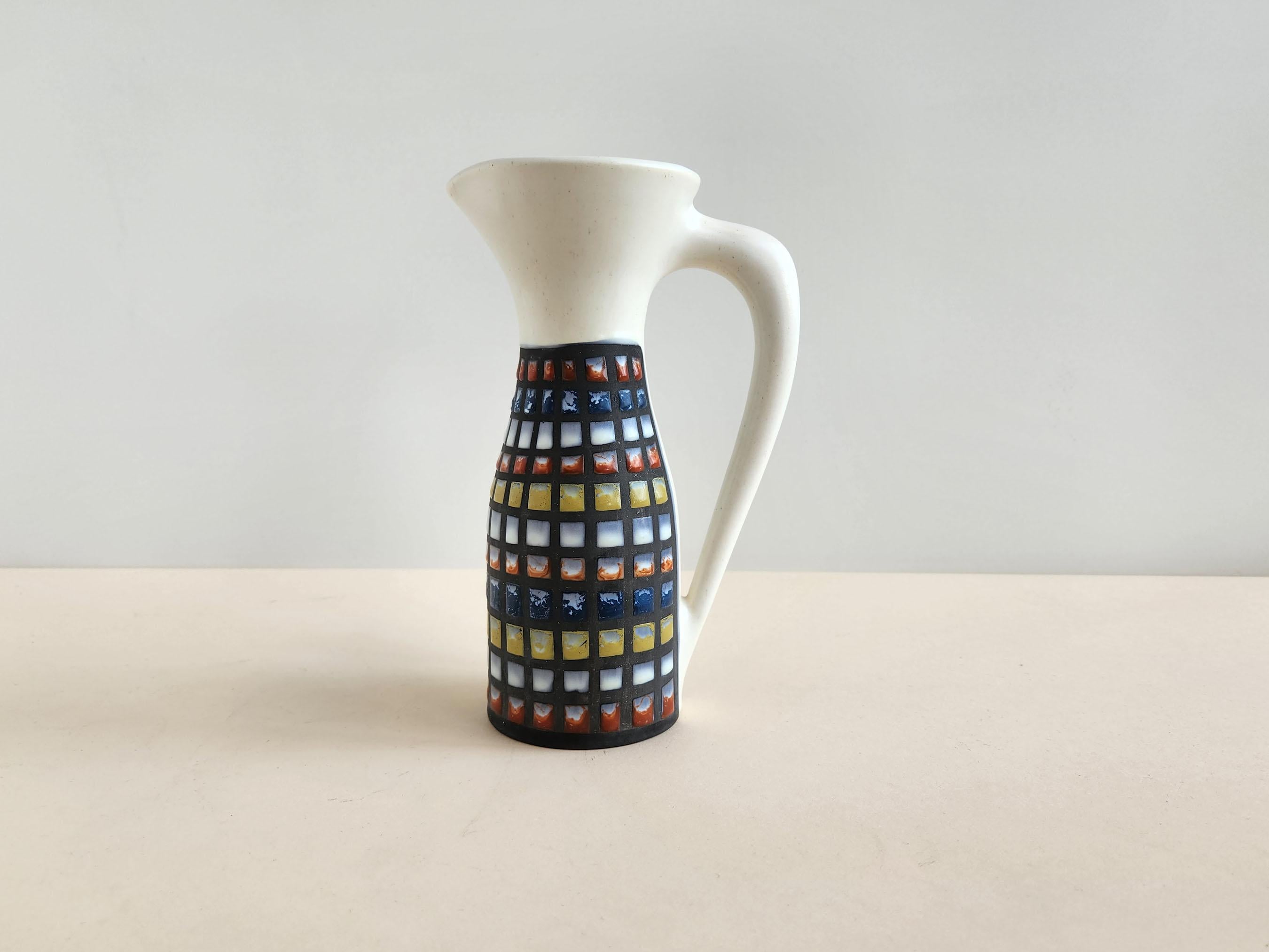 Vintage ceramic decorative pitcher signed by Roger Capron - Vallauris, France

Roger Capron was in influential French ceramicist, known for his tiled tables and his use of recurring motifs such as stylized branches and geometrical suns.   He was