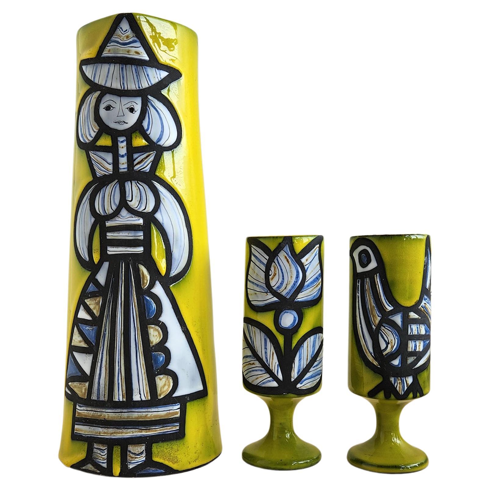 Roger Capron - Pichet vintage en céramique avec fille et 2 tasses avec fleurs 