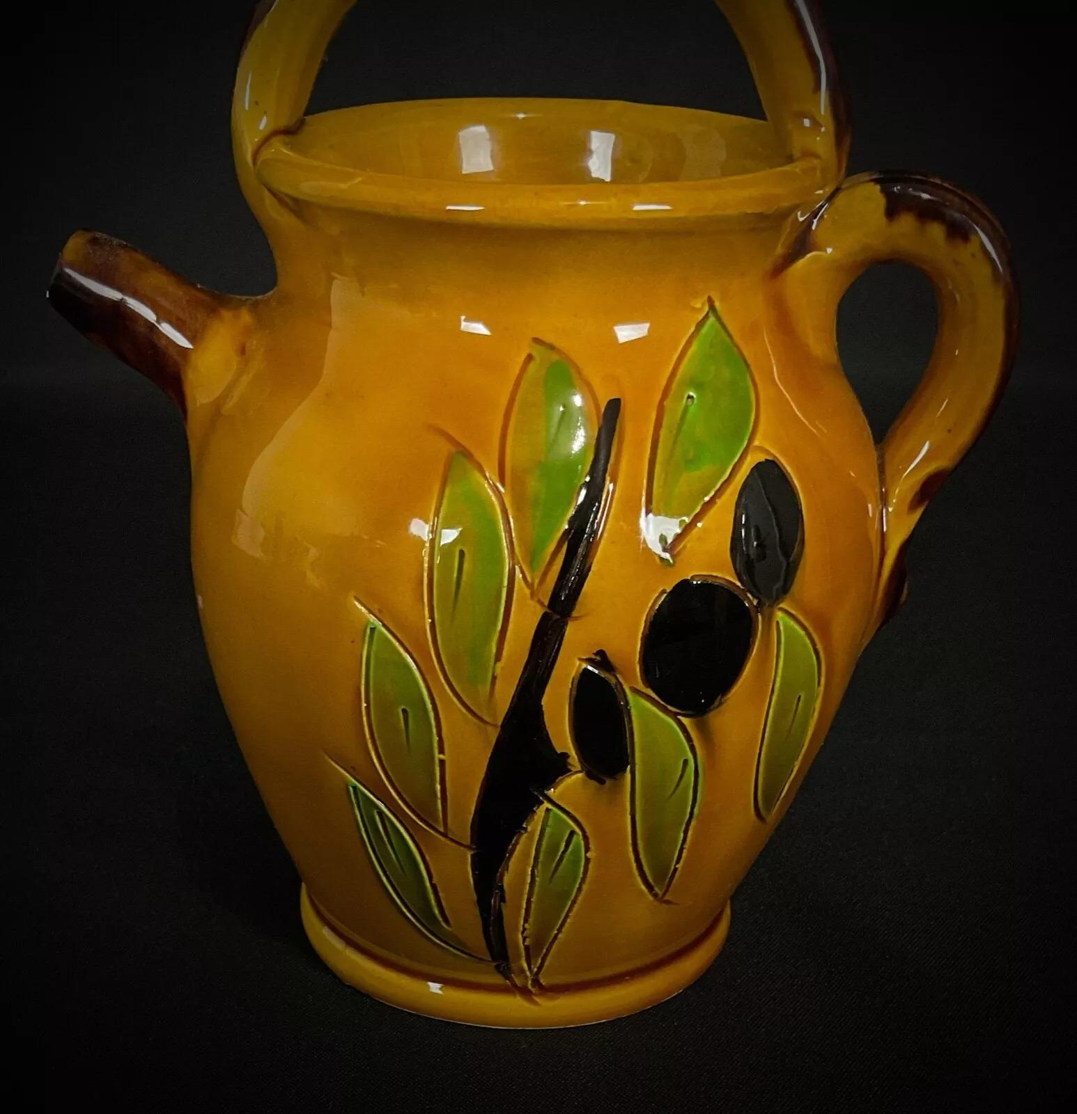 Jarra de cerámica vintage con diseño de aceitunas y hojas de olivo - 17,5 cm - 2Y423 en venta 1