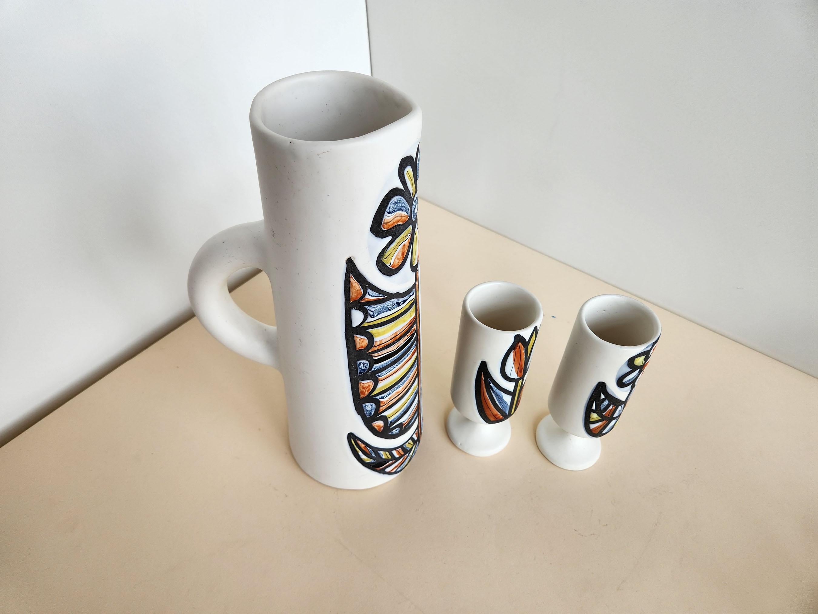 Mid-Century Modern Roger Capron - Vintage Ceramic Pitchers and 2 Goblets with Flower Motive For Sale
