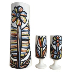 Roger Capron - Pichets et 2 gobelets en céramique d'époque avec motif de fleurs