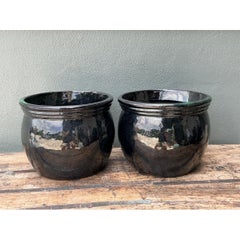 Vintage Ceramic Planters in Black Over Green Glaze - Set of 2