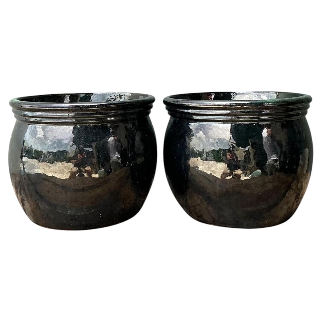 Vintage Ceramic Planters in Black Over Green Glaze - Set of 2 For Sale
