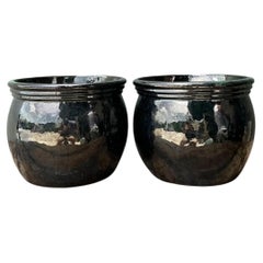 Vintage Ceramic Planters in Black Over Green Glaze - Set of 2