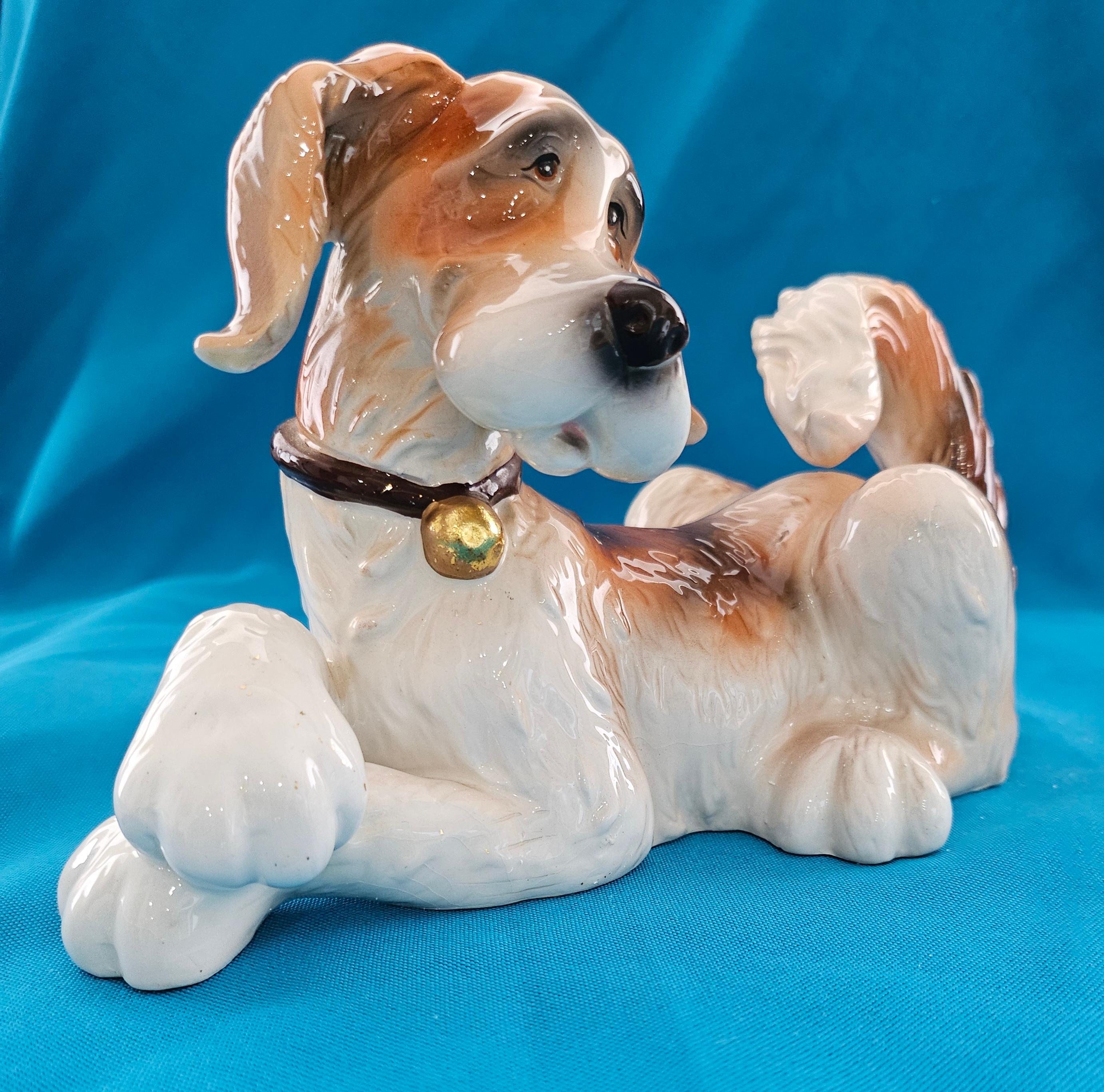 Mid-Century Modern Nine Inch MCM Ceramic / Porcelain Big Fluffy Dog Sculpture For Sale