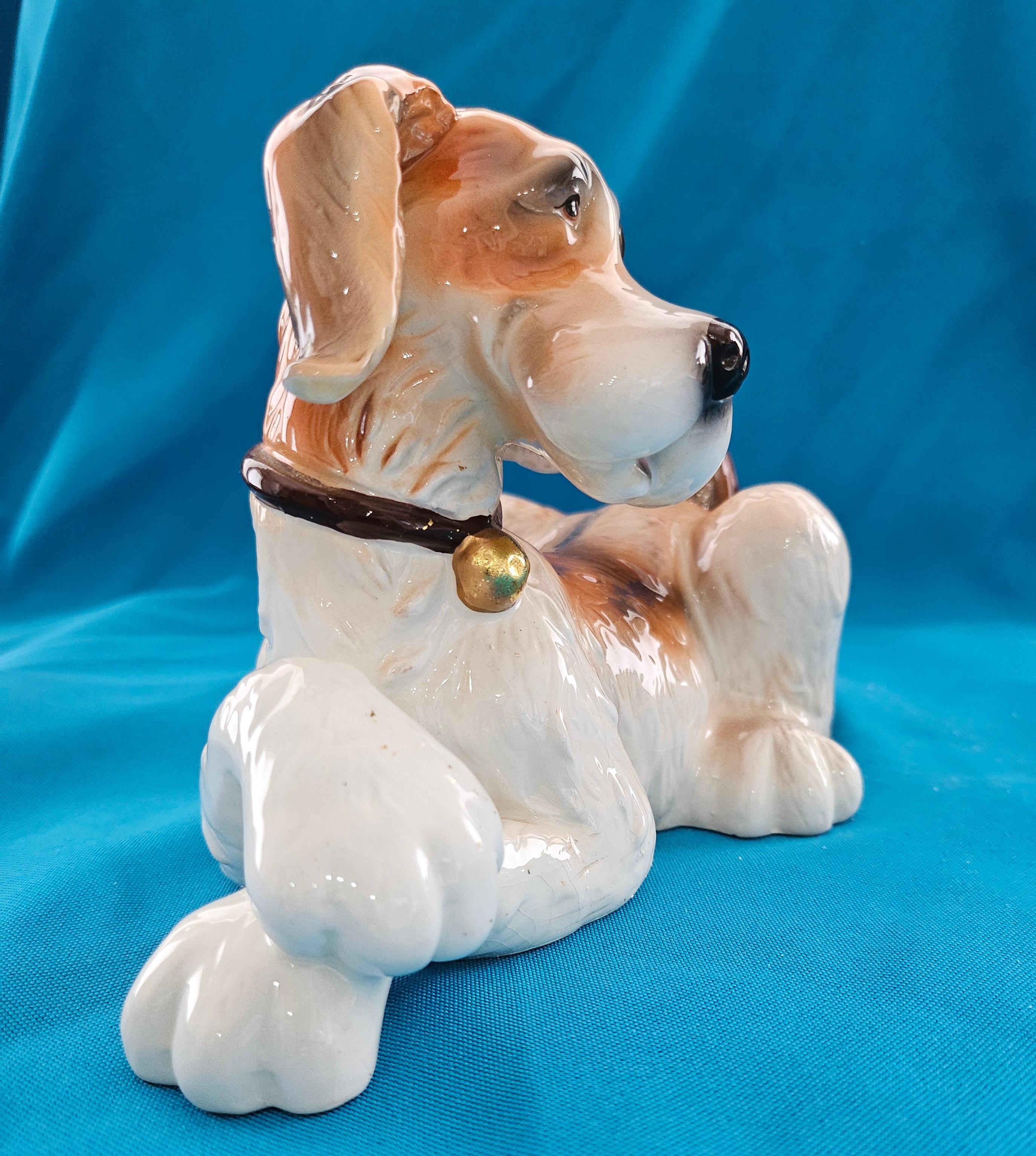 Unknown Nine Inch MCM Ceramic / Porcelain Big Fluffy Dog Sculpture For Sale