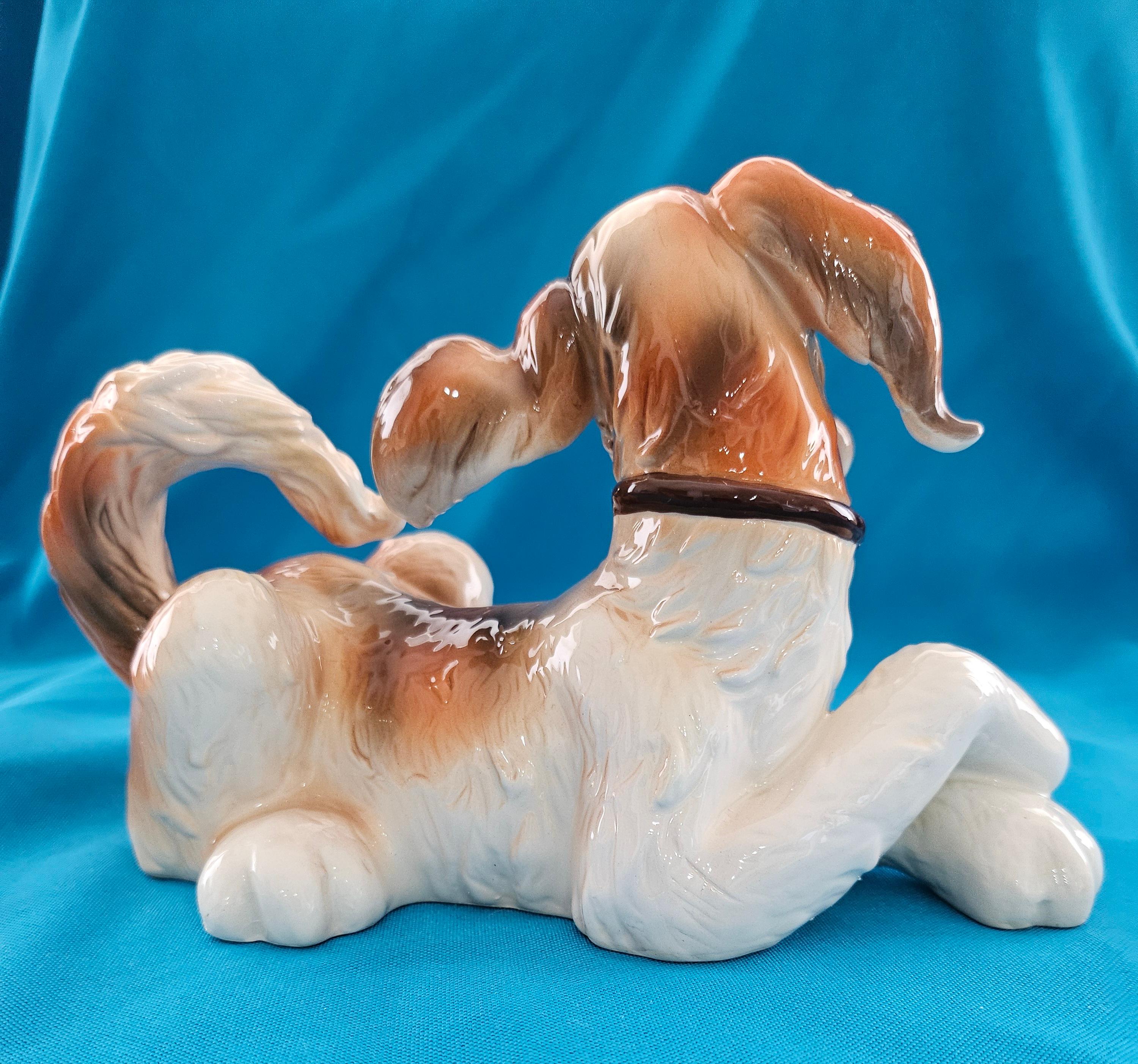 20th Century Nine Inch MCM Ceramic / Porcelain Big Fluffy Dog Sculpture For Sale