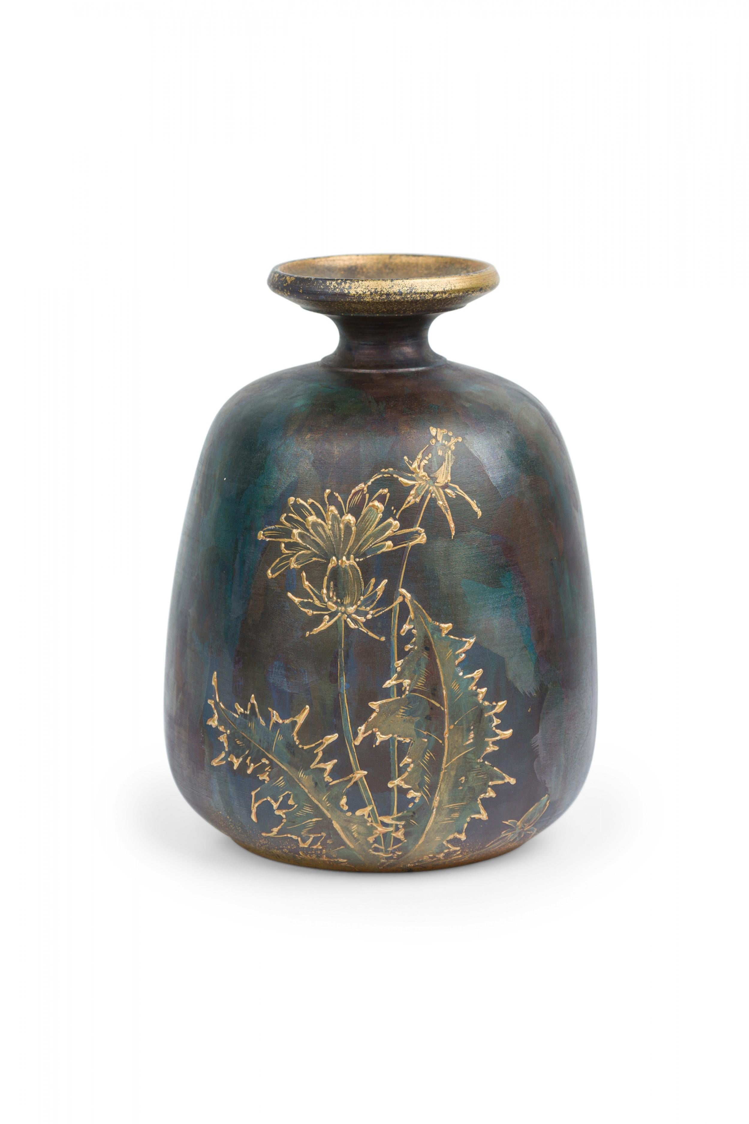 Vintage Ceramic Raised Gold Dandelion Motif and Oxidized Glaze Ceramic Vase For Sale 4