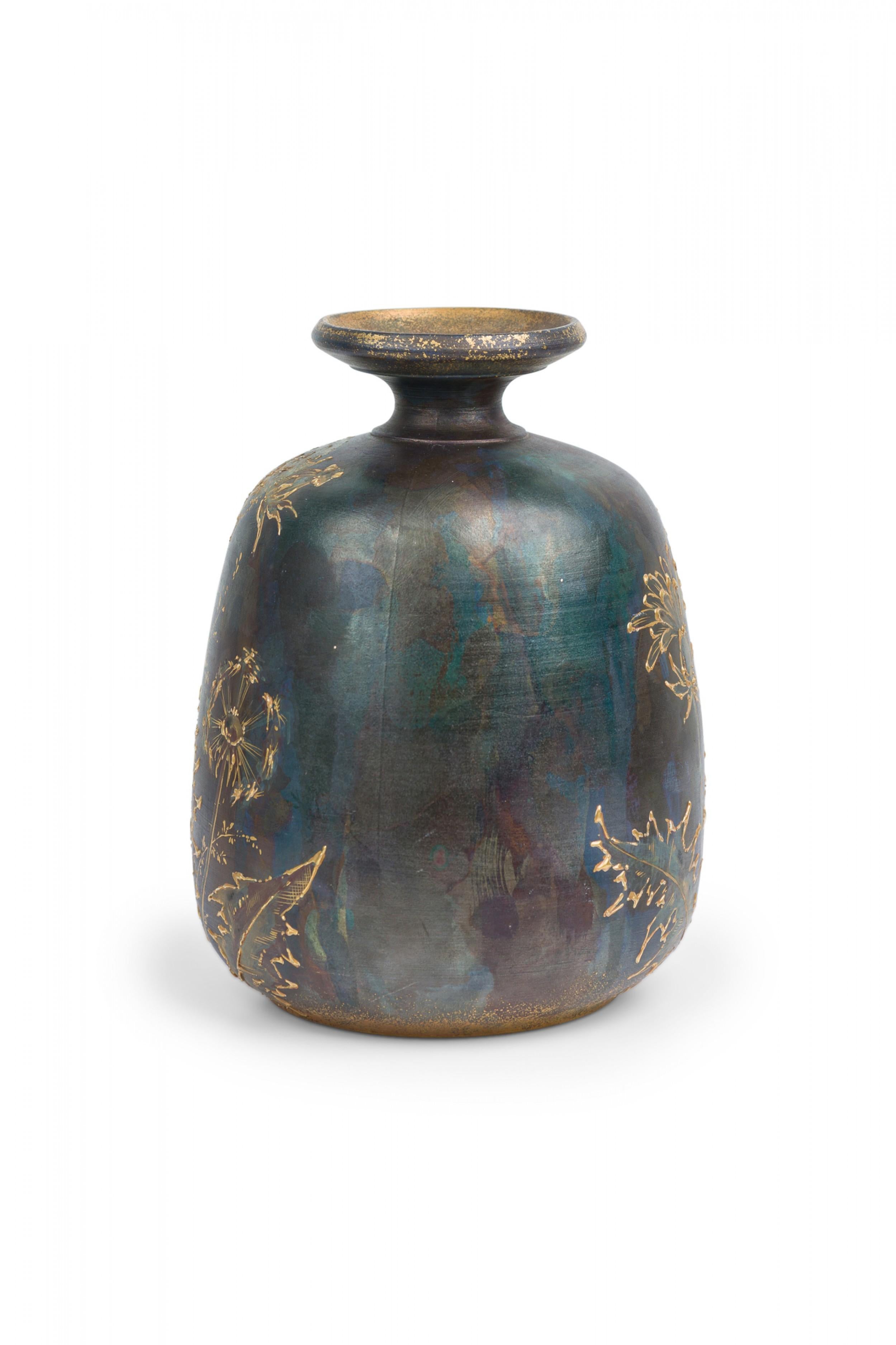 Vintage Ceramic Raised Gold Dandelion Motif and Oxidized Glaze Ceramic Vase For Sale 6