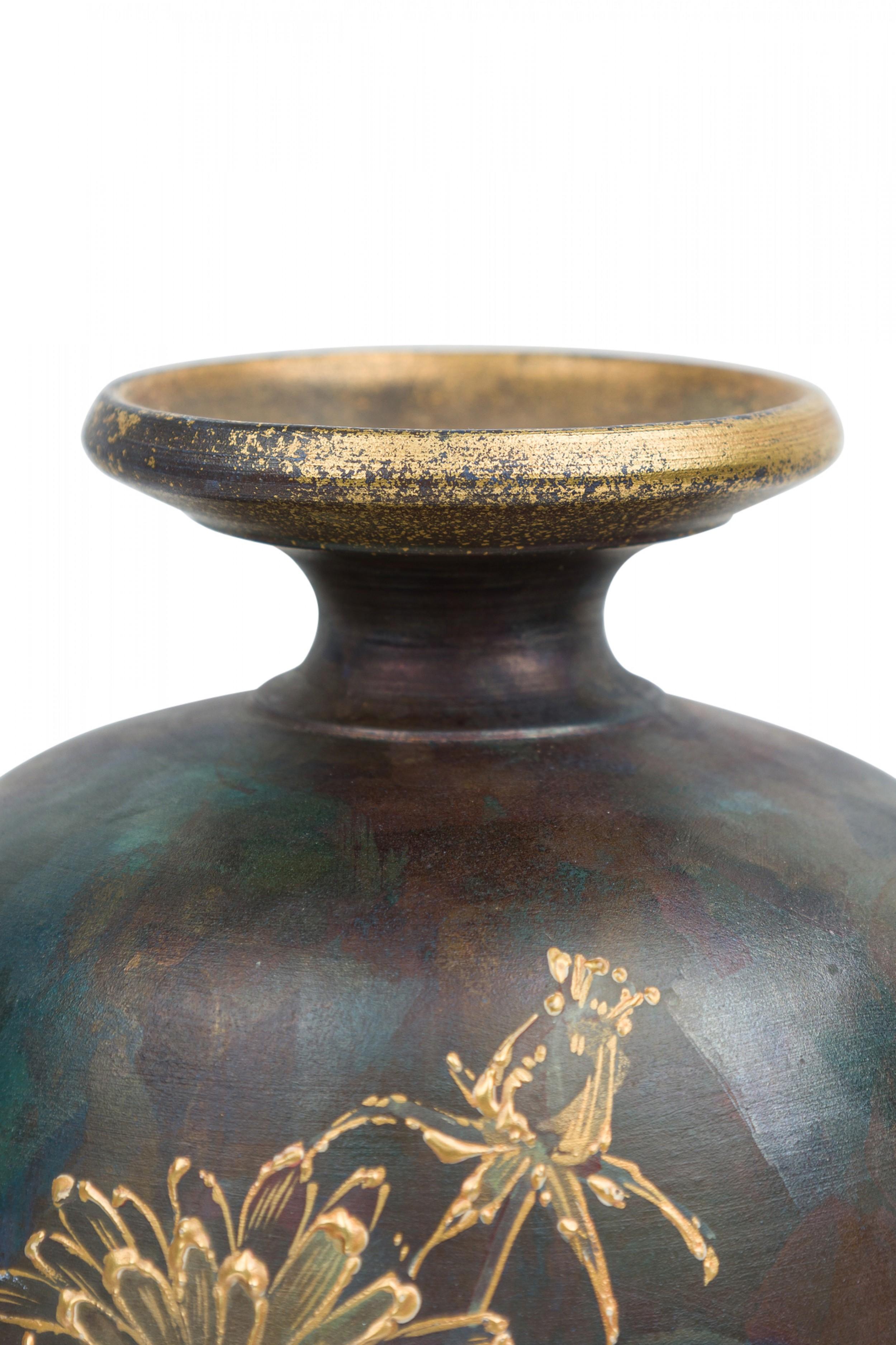 Unknown Vintage Ceramic Raised Gold Dandelion Motif and Oxidized Glaze Ceramic Vase For Sale