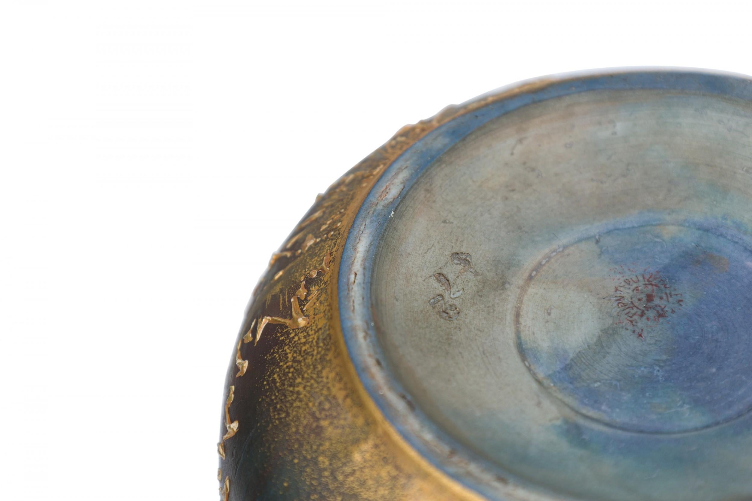 Vintage Ceramic Raised Gold Dandelion Motif and Oxidized Glaze Ceramic Vase In Good Condition For Sale In New York, NY