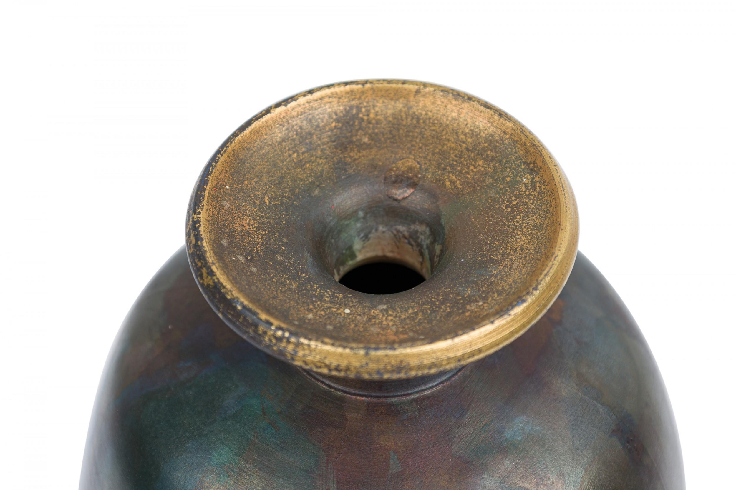 20th Century Vintage Ceramic Raised Gold Dandelion Motif and Oxidized Glaze Ceramic Vase For Sale