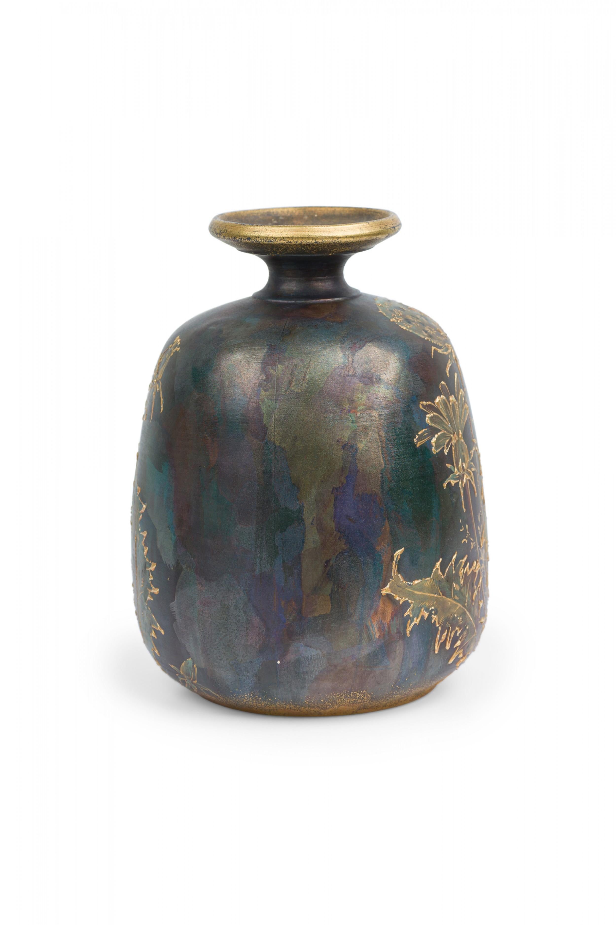 Vintage Ceramic Raised Gold Dandelion Motif and Oxidized Glaze Ceramic Vase For Sale 2