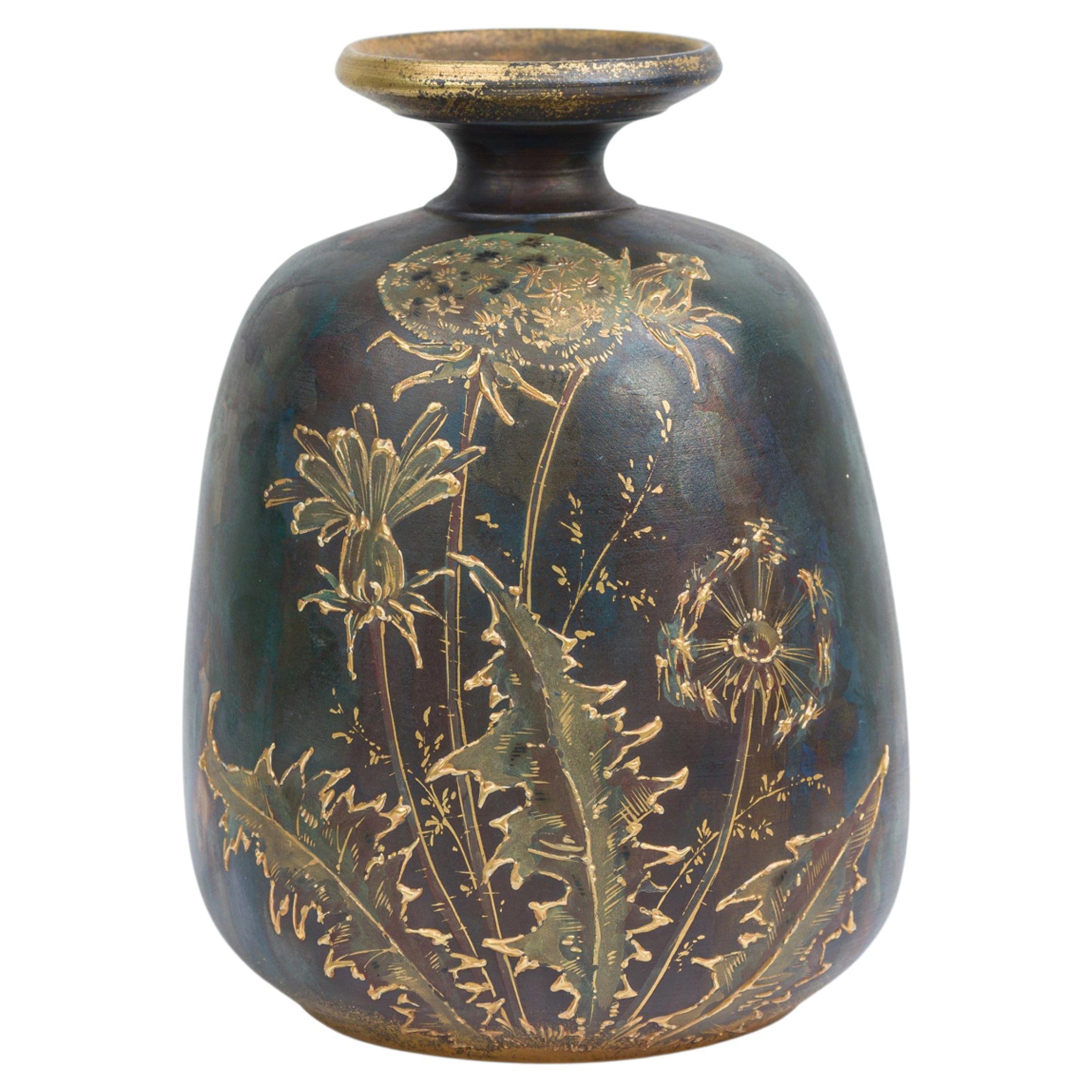 Vintage Ceramic Raised Gold Dandelion Motif and Oxidized Glaze Ceramic Vase